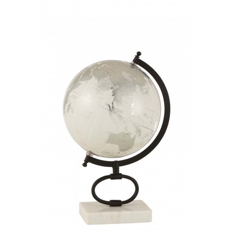 Globe sur pied marbre blanc/argent et métal noir H35,5cm