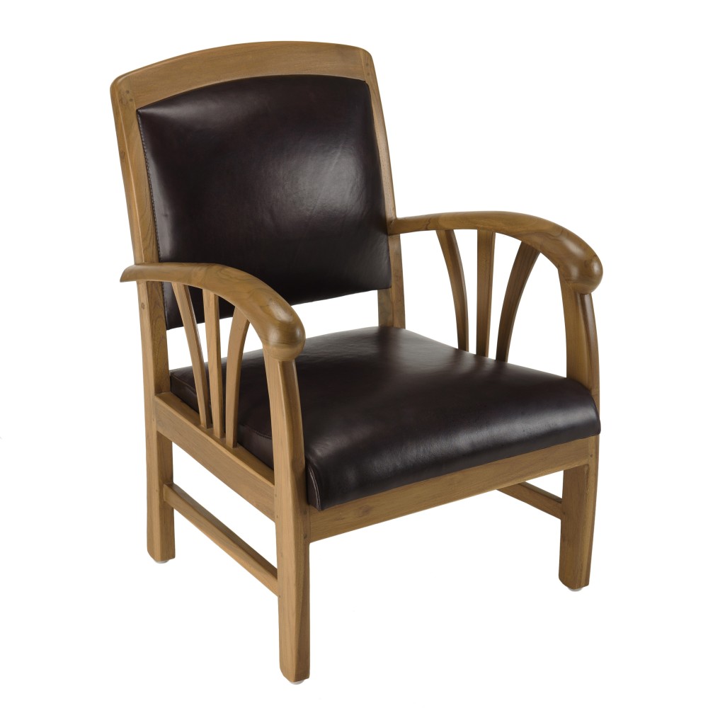 Fauteuil en teck et cuir marron Fauteuil en teck et cuir marron