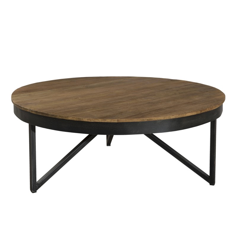 Table basse ronde en teck recyclé et pieds métal noir D90 Table basse ronde en teck recyclé et pieds métal noir D90