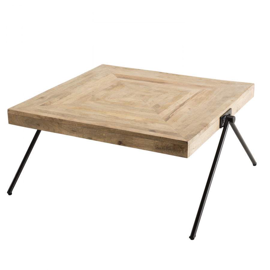 Table basse carrée bois manguier pieds métal noir compas L87