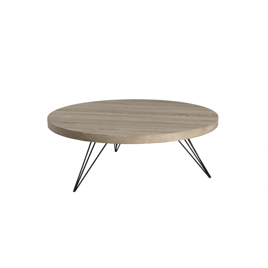 Table basse ronde plateau bois gris pieds métal noir D90