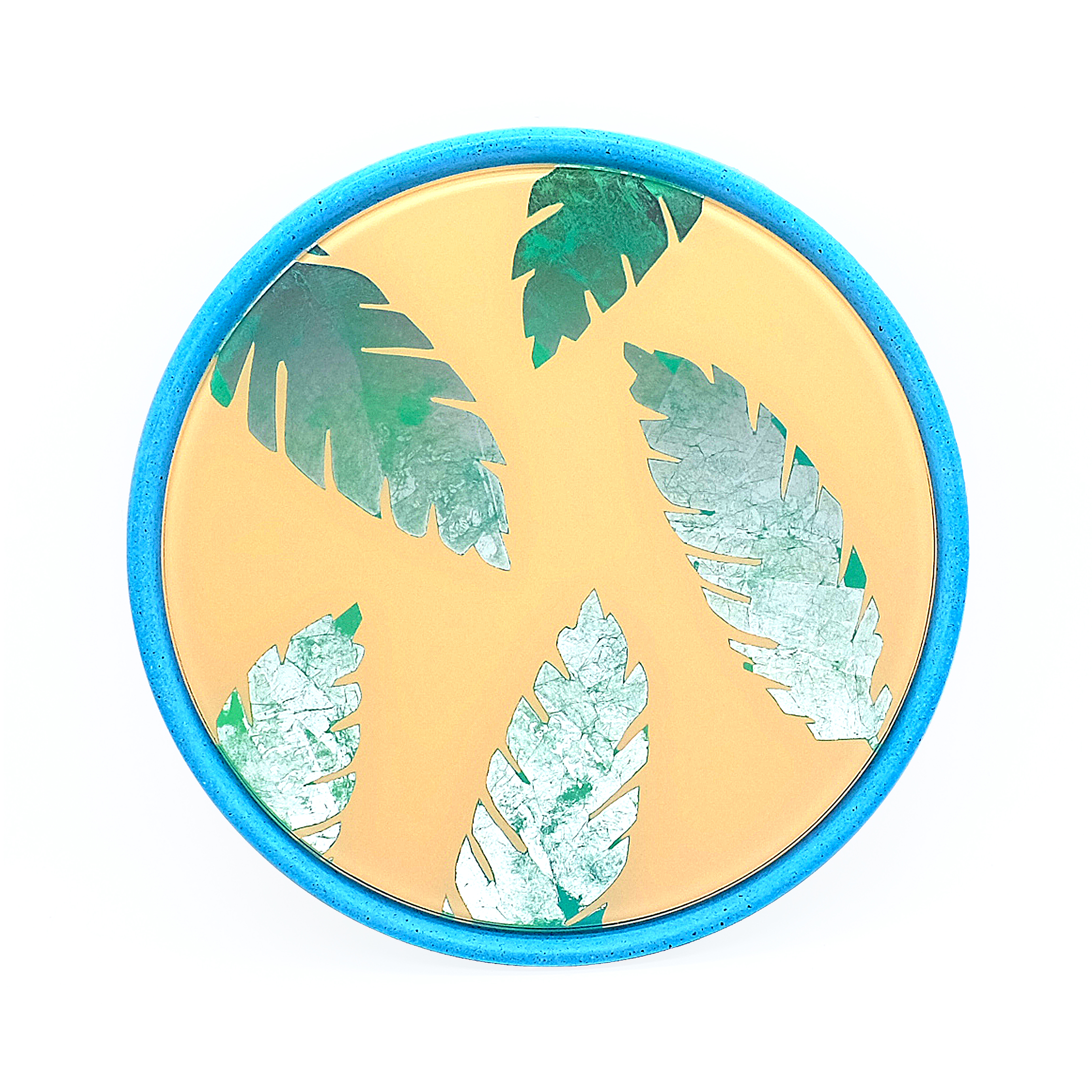 Miroir feuilles tropicales en béton bleu D28cm