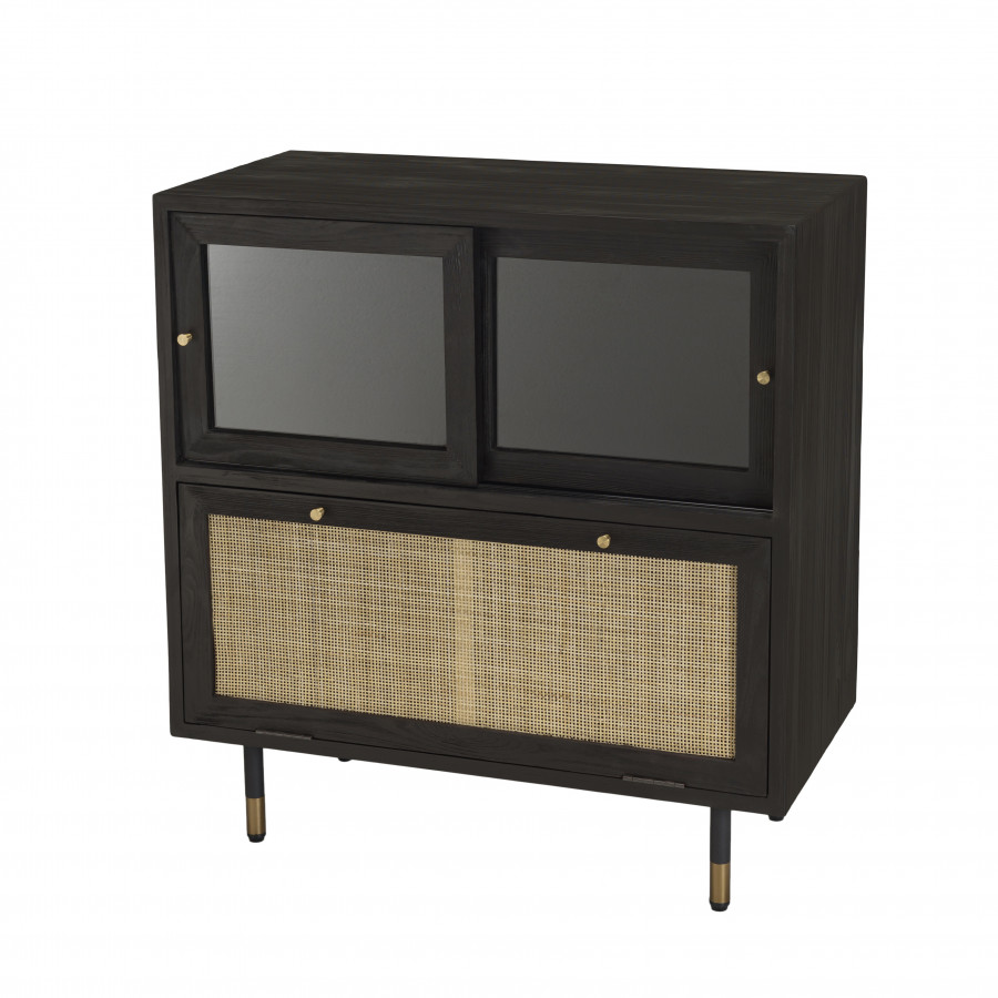 Buffet 2 portes en verre 1 porte abattante cannage en pin noir