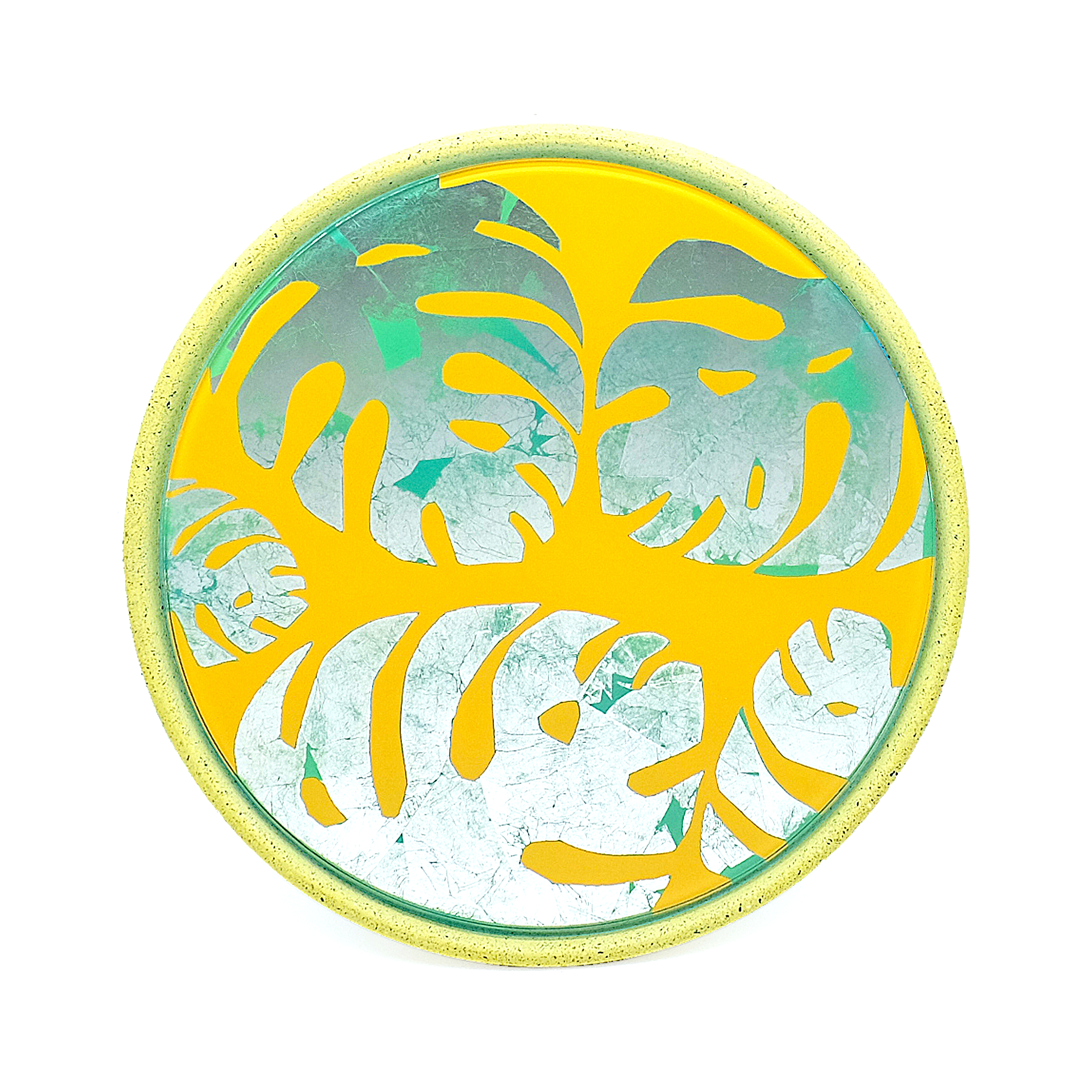 Miroir feuilles de monstera en béton jaune D28cm
