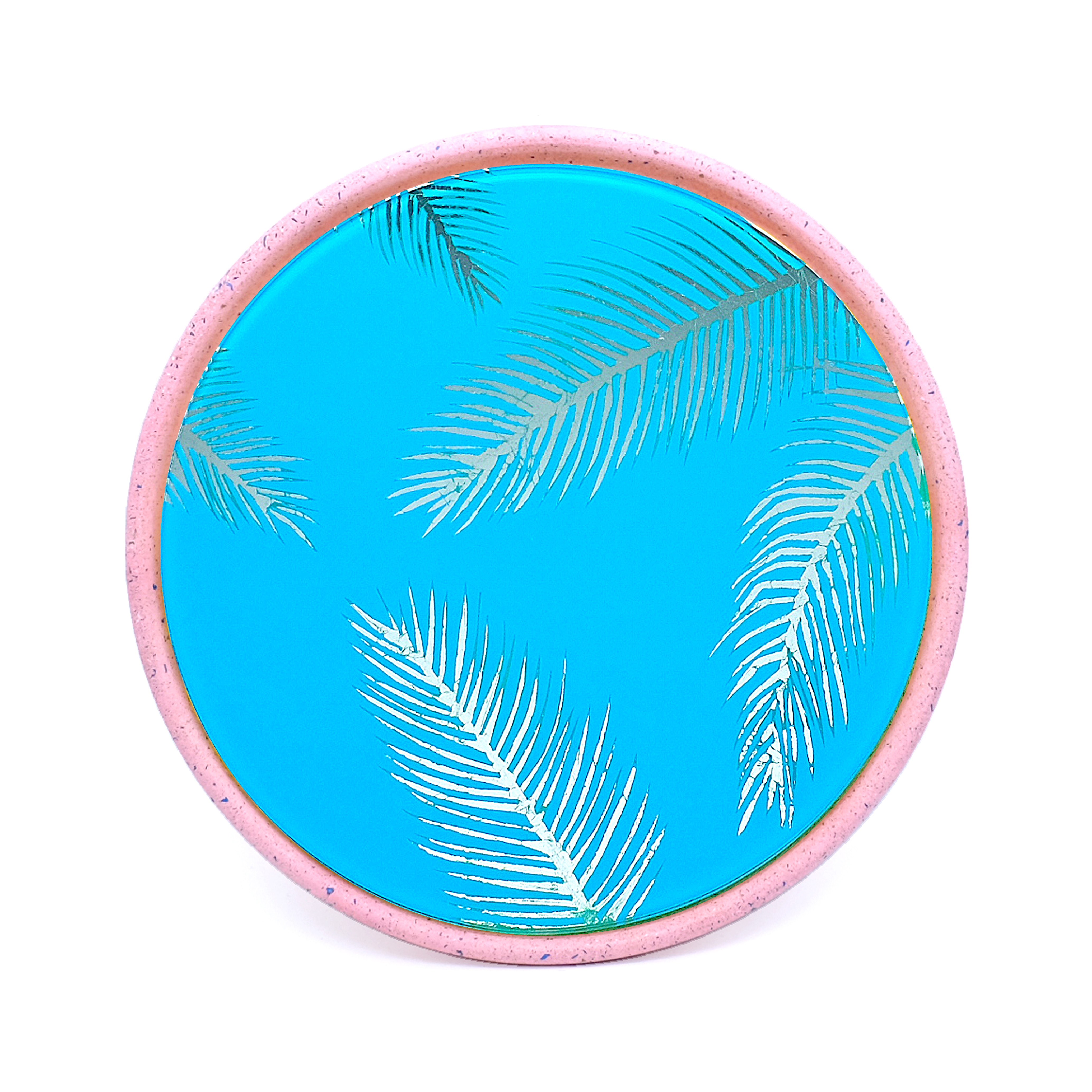 Miroir feuilles de palmier 2 en béton rose D28cm
