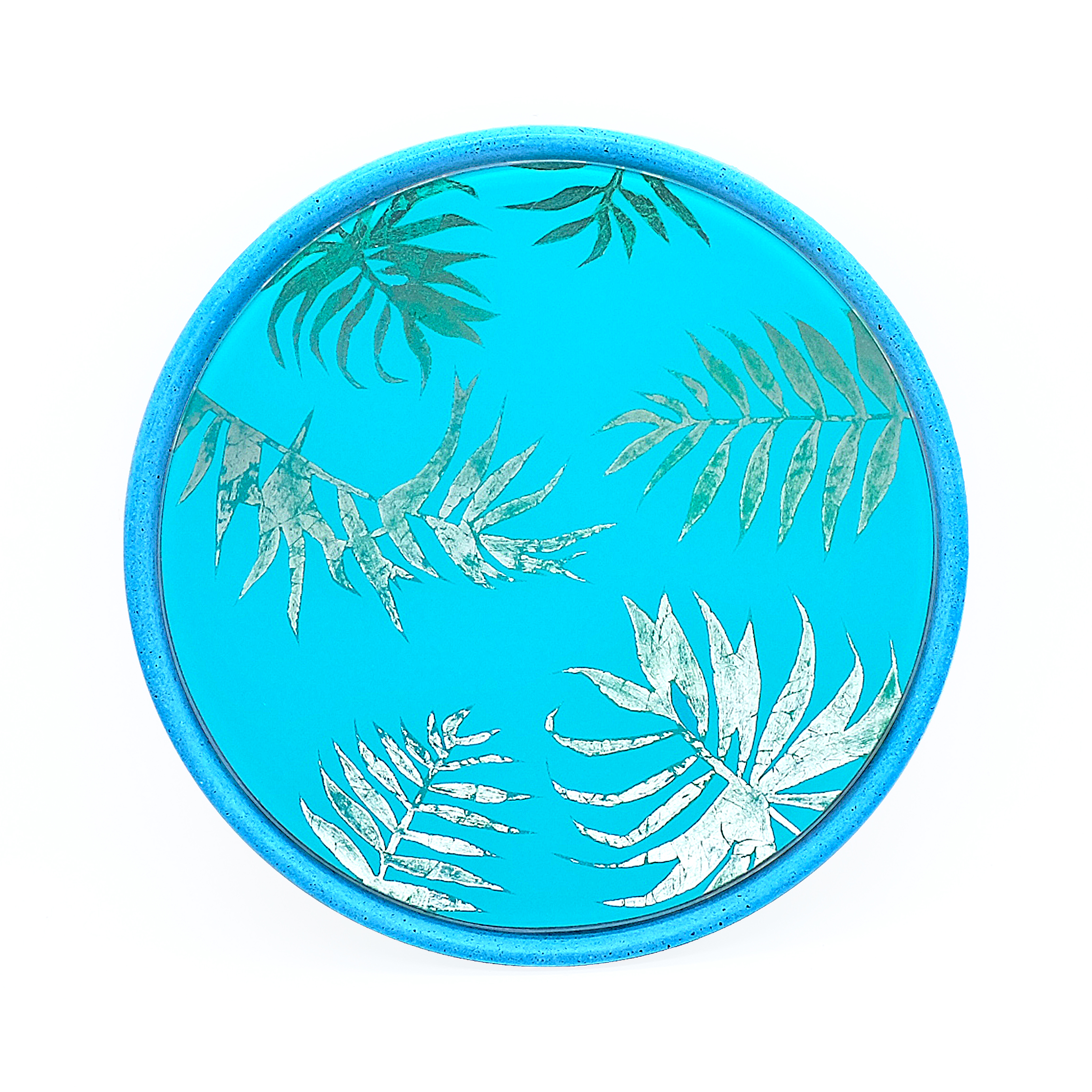 Miroir feuilles de palmier 1 en béton bleu D28cm