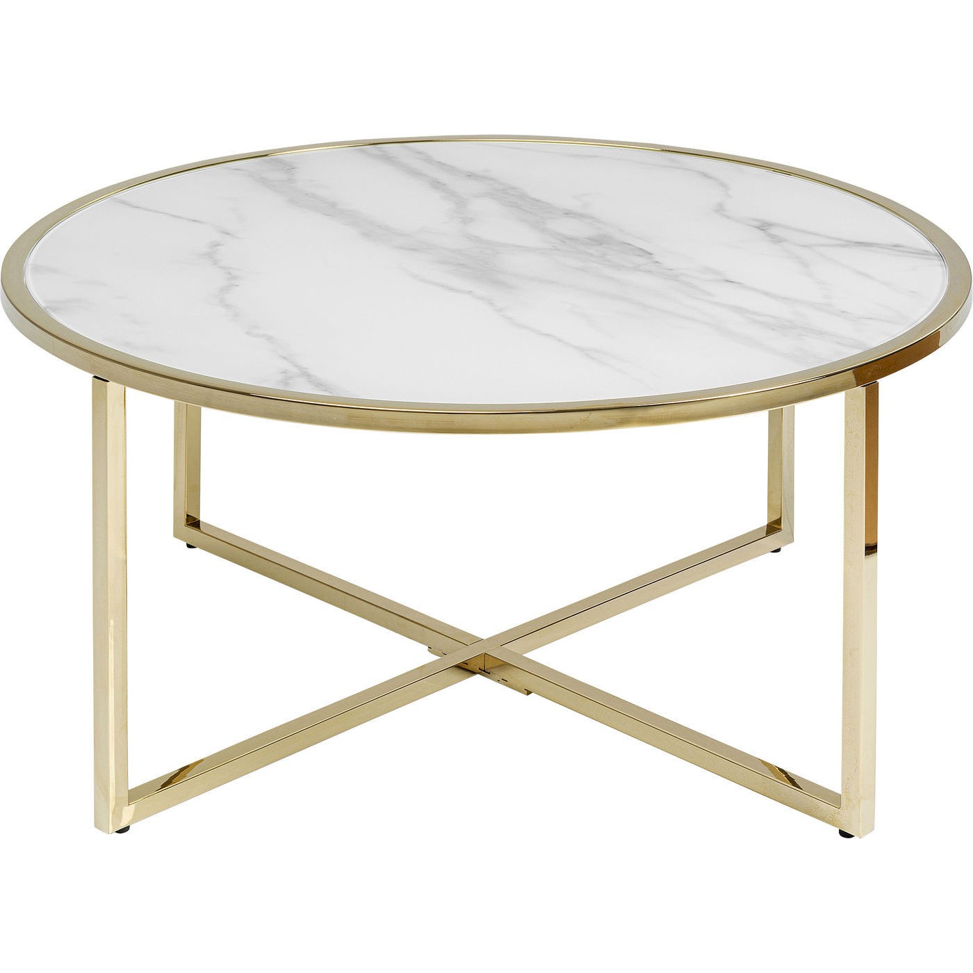 Table basse ronde en verre effet marbre blanc et acier doré D80