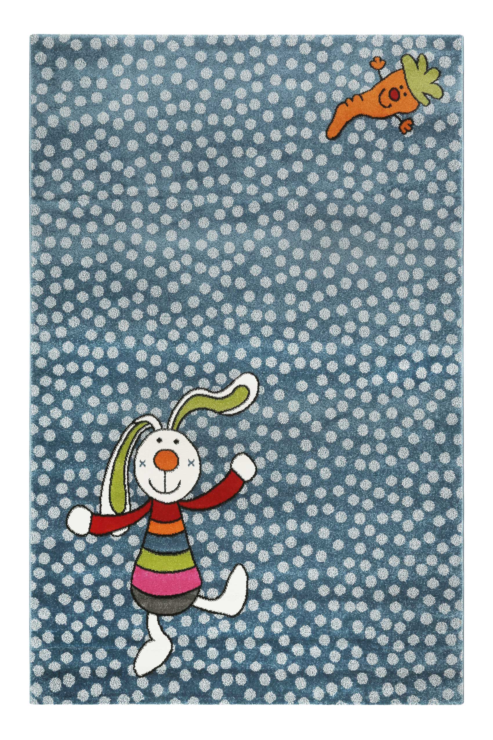 Tapis enfant motif lapin coloré sur fond à pois bleu 120x170