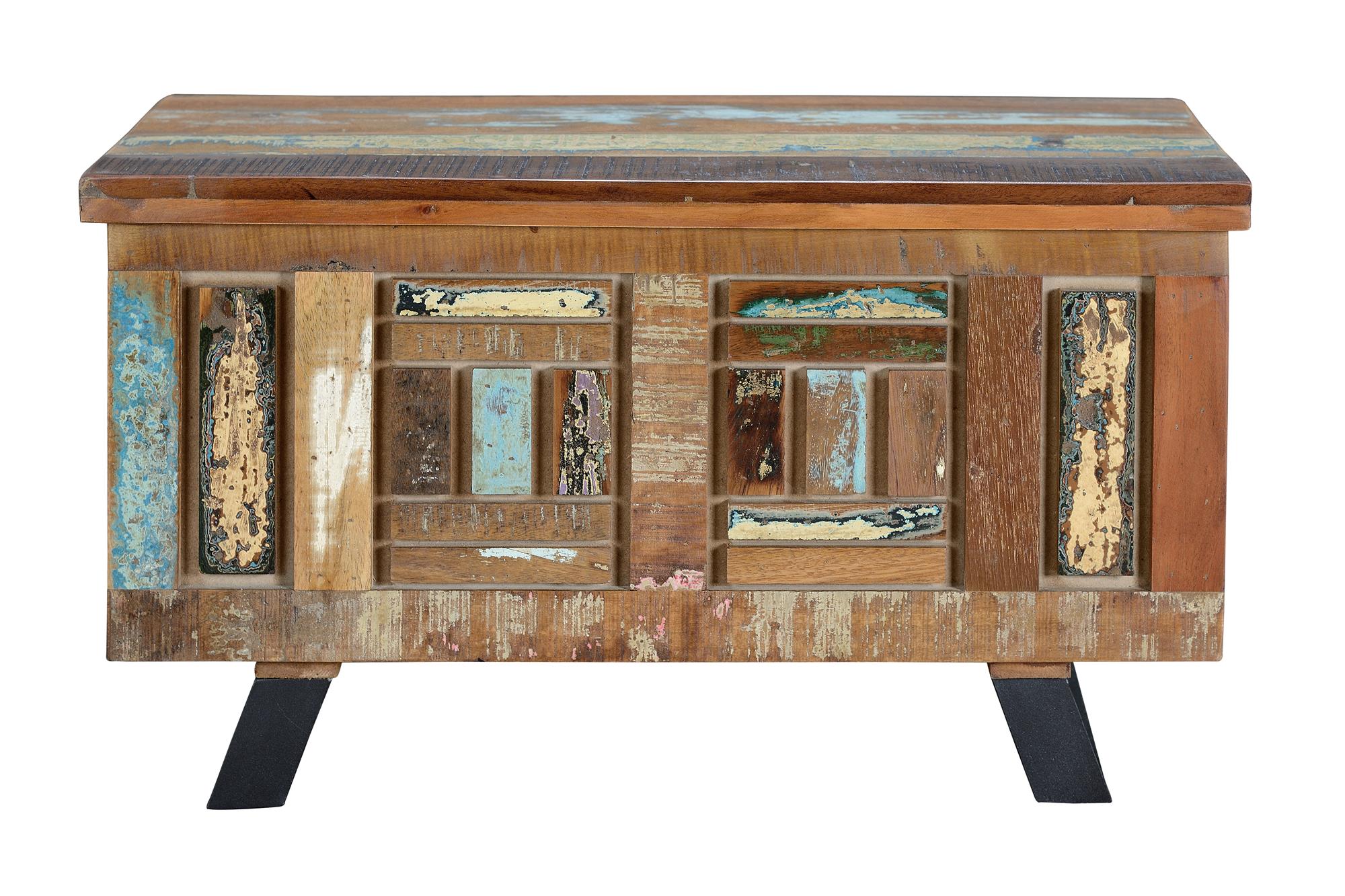 Coffre en bois recyclé avec une finition multicolore Coffre en bois recyclé avec une finition multicolore
