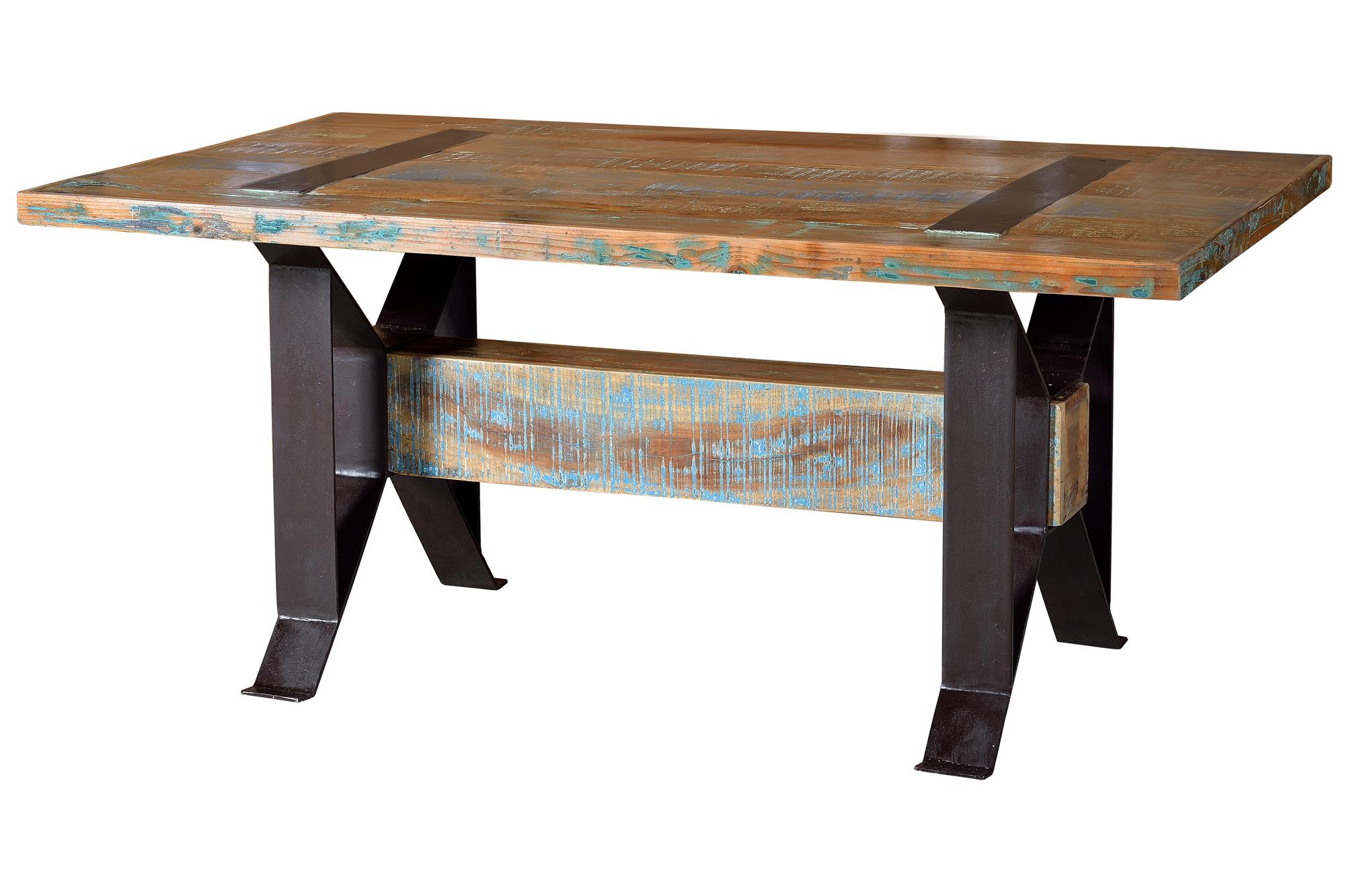 Table en bois recyclé et piètement en métal multicolore