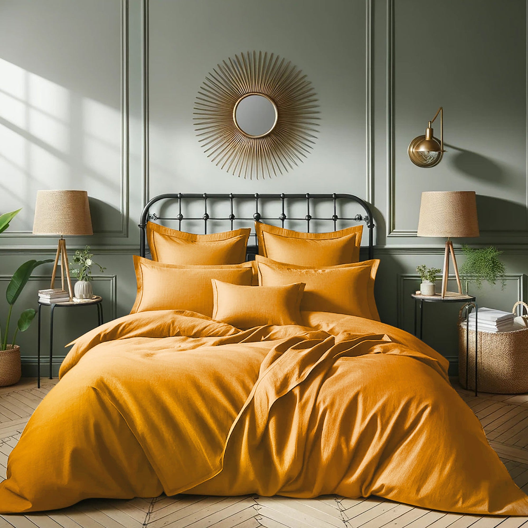 Housse de couette en satin de coton jaune safran 200x200 Housse de couette en satin de coton jaune safran 200x200