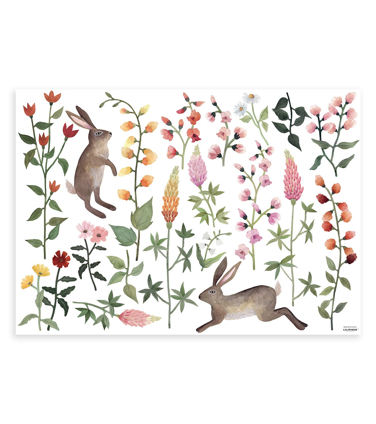 Sticker décora fleurs et lapins en Vinyle Multicolor 64x90cm