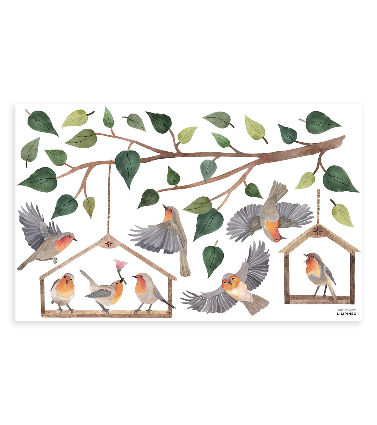 Stickers branches et oiseaux en Vinyle mat Vert 64x40 cm