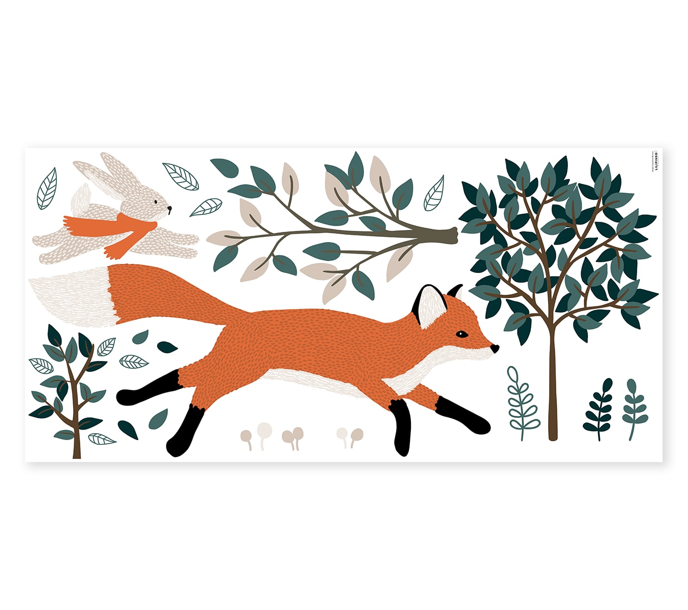 Sticker décor forêt, renard et lapin en Vinyle mat Orange 64x130 cm