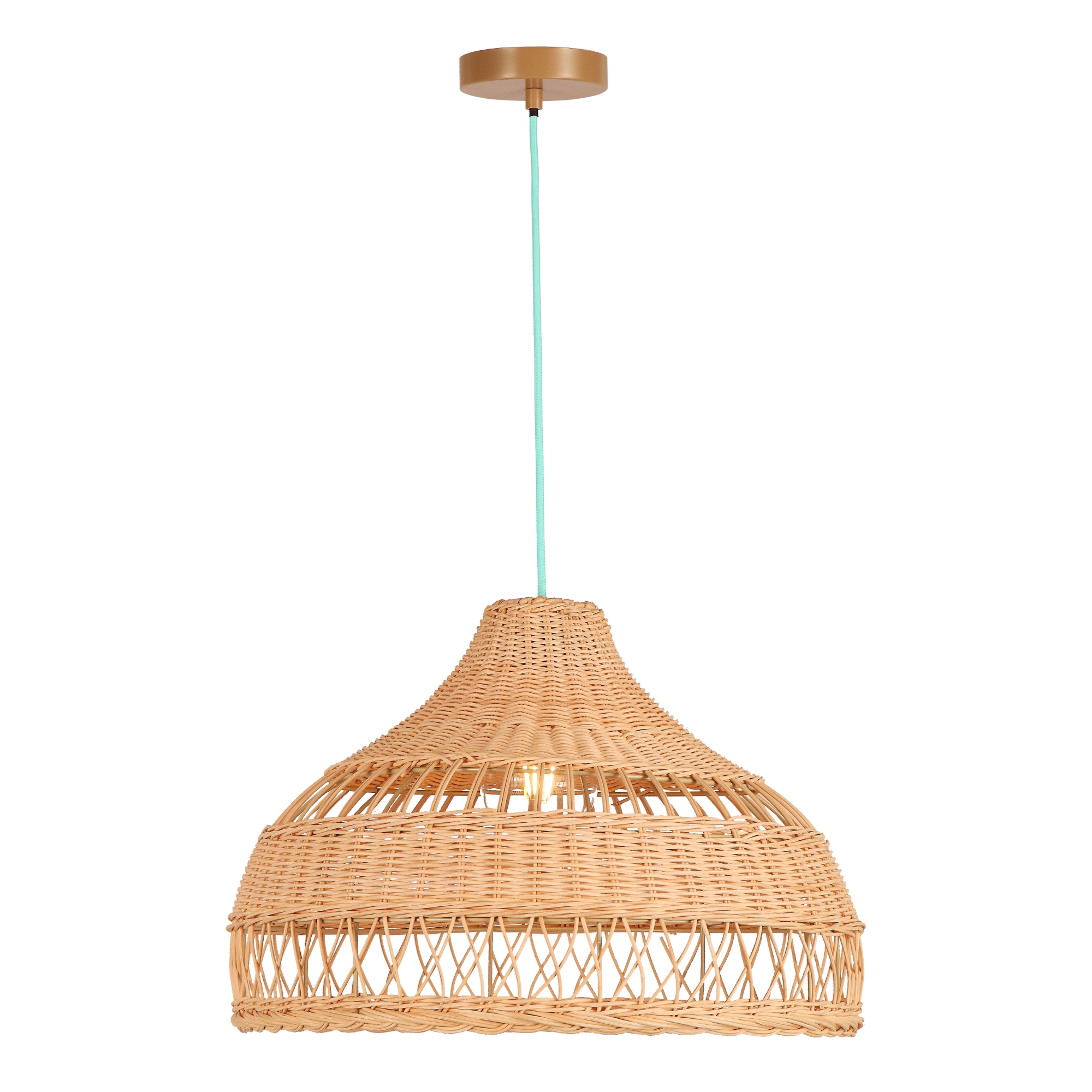 Suspension en rotin avec câble turquoise