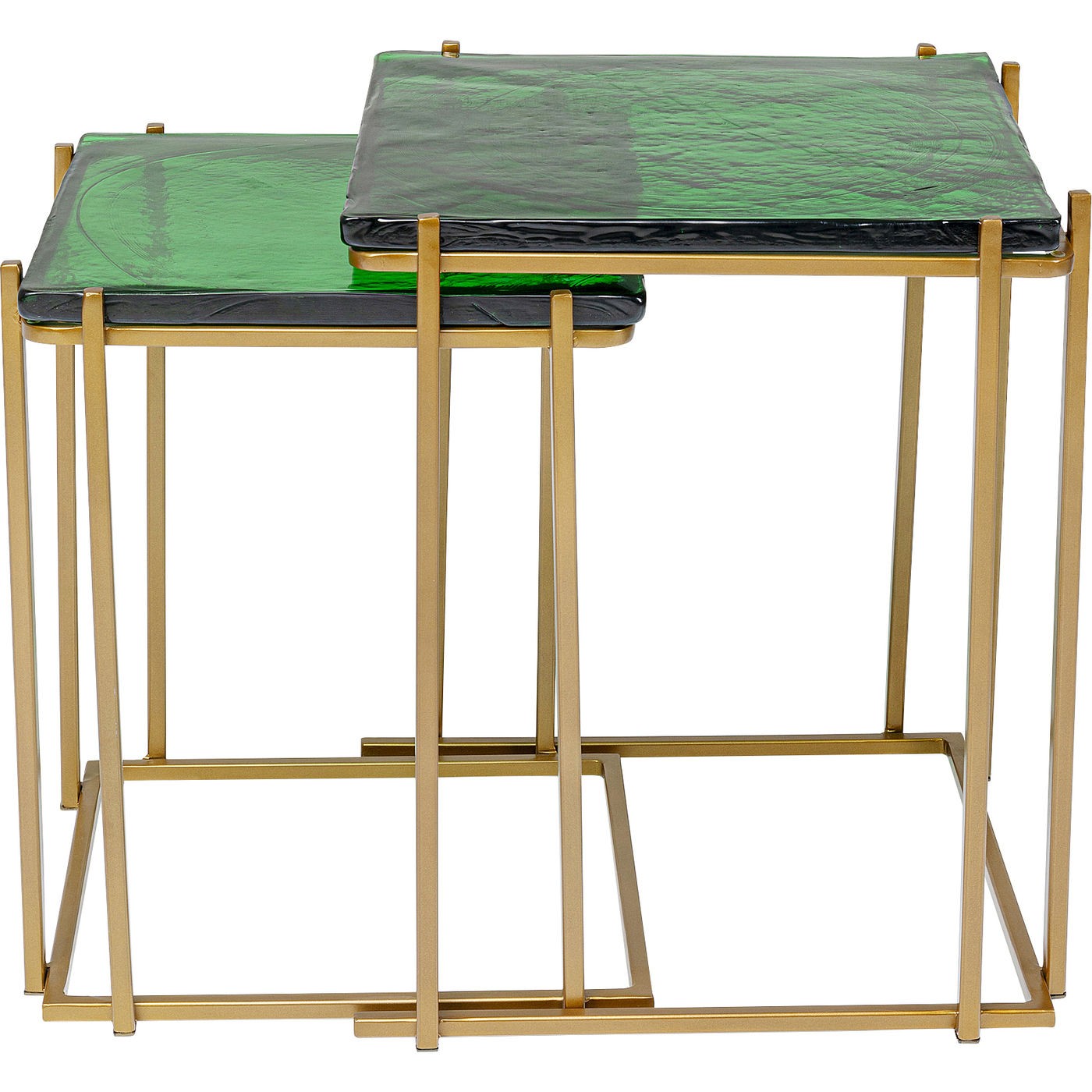 2 tables d'appoint en verre vert et acier doré