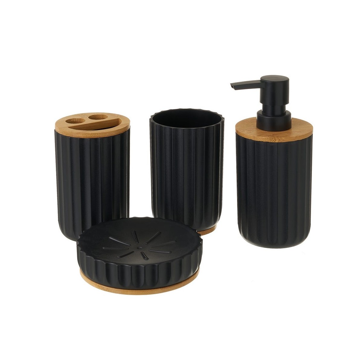Set salle de bain plastique noir et bambou - 4 pièces