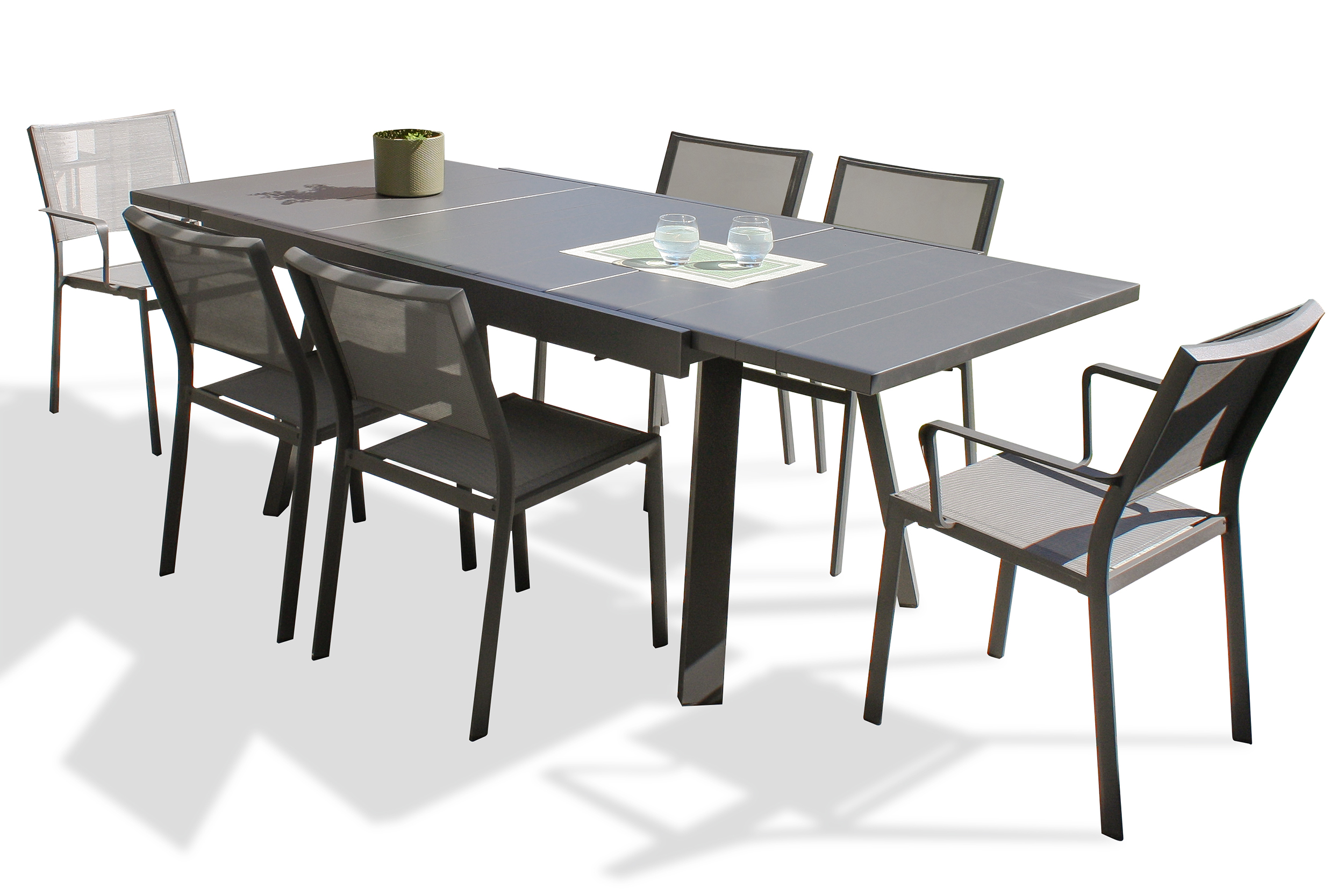 Ensemble repas de jardin 6 places en aluminium gris anthracite