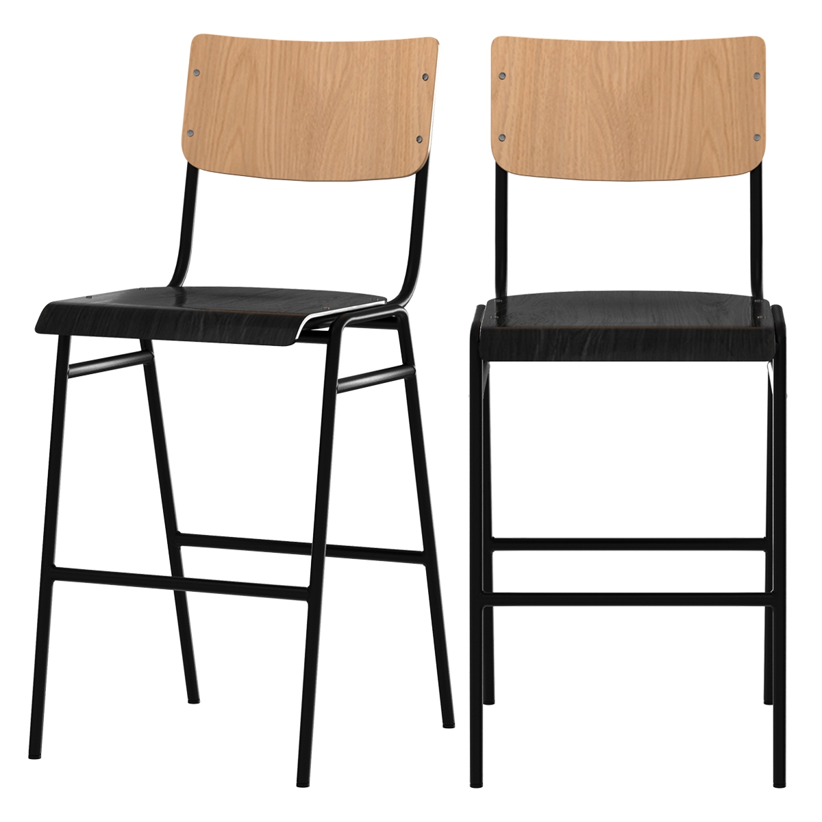 Chaise de bar mi-hauteur en bois clair et noir 65 cm (lot de 2)