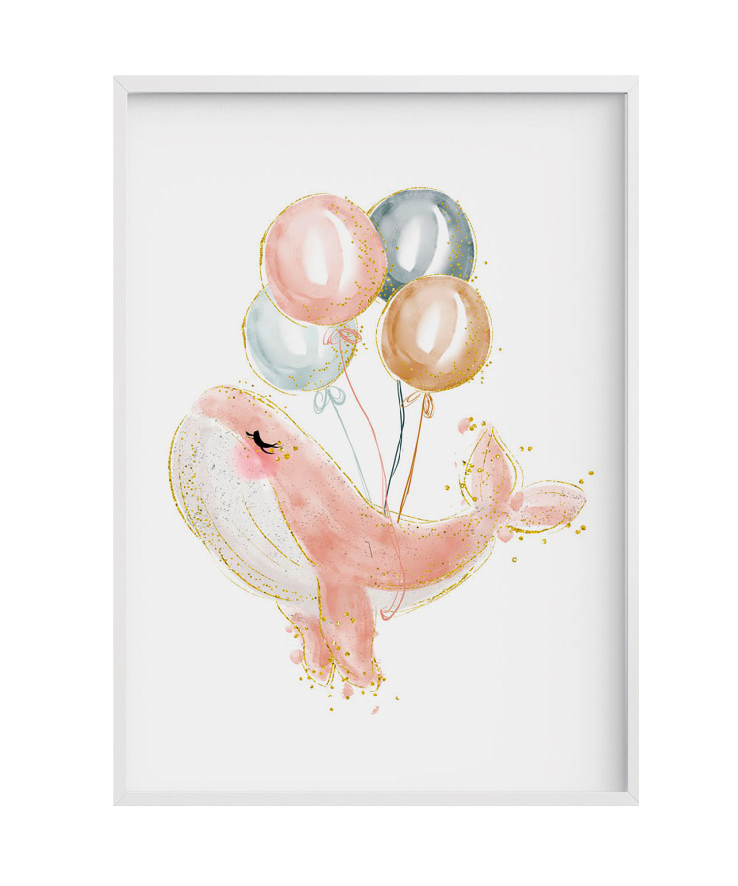 Impression de Baleine rose ballon encadrée en bois blanc 43X33 cm