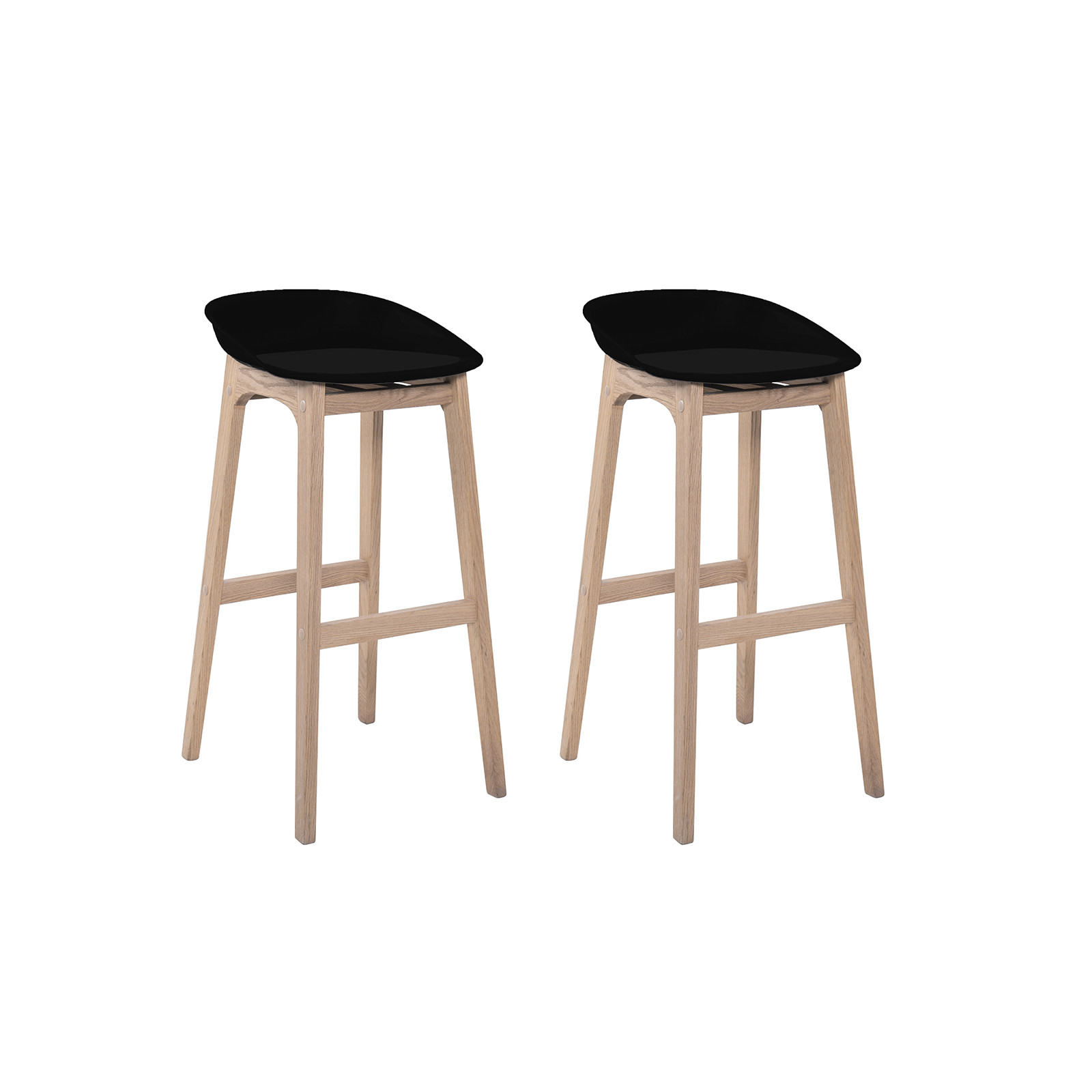 Tabourets d’ilot 75cm  pieds chêne assise plastique noire – Lot de 2