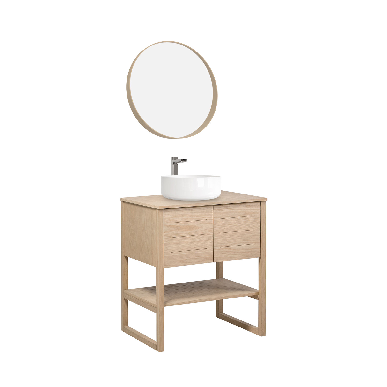 Meuble de salle de bain avec vasque et miroir effet bois clair