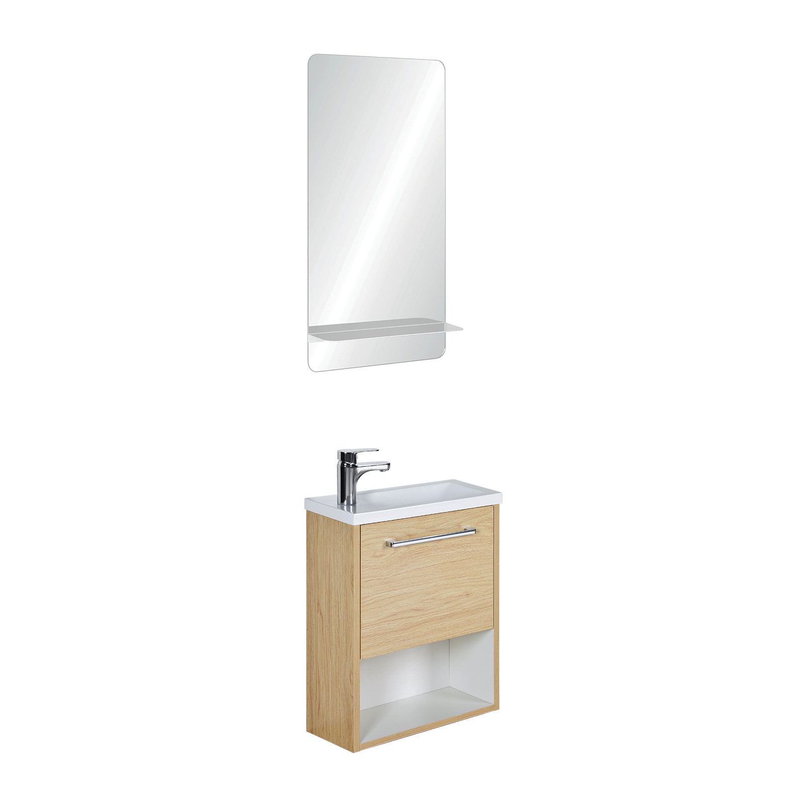 Meuble lave-mains effet bois clair avec miroir et robinet Meuble lave-mains effet bois clair avec miroir et robinet