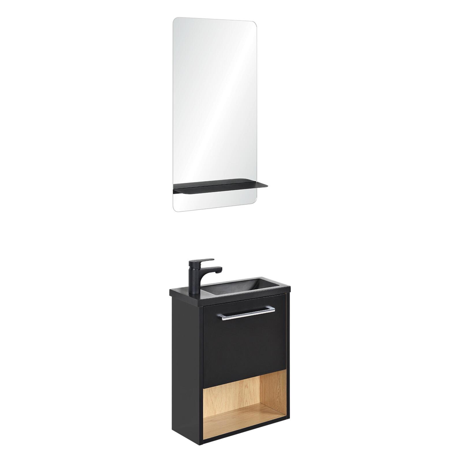 Meuble lave-mains effet bois clair avec miroir et robinet Meuble lave-mains effet bois clair avec miroir et robinet