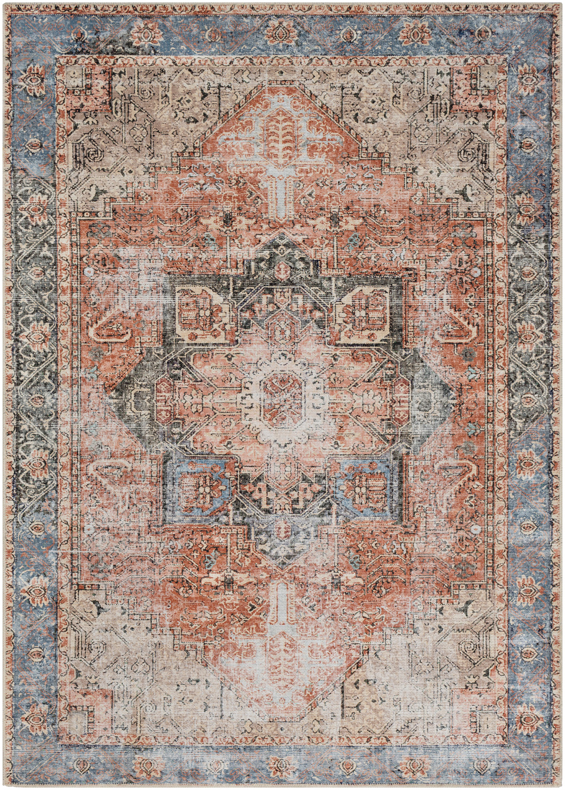 Tapis Lavable en Machine, Rouille, Beige et Bleu - 220x274cm Tapis Lavable en Machine, Rouille, Beige et Bleu - 220x274cm