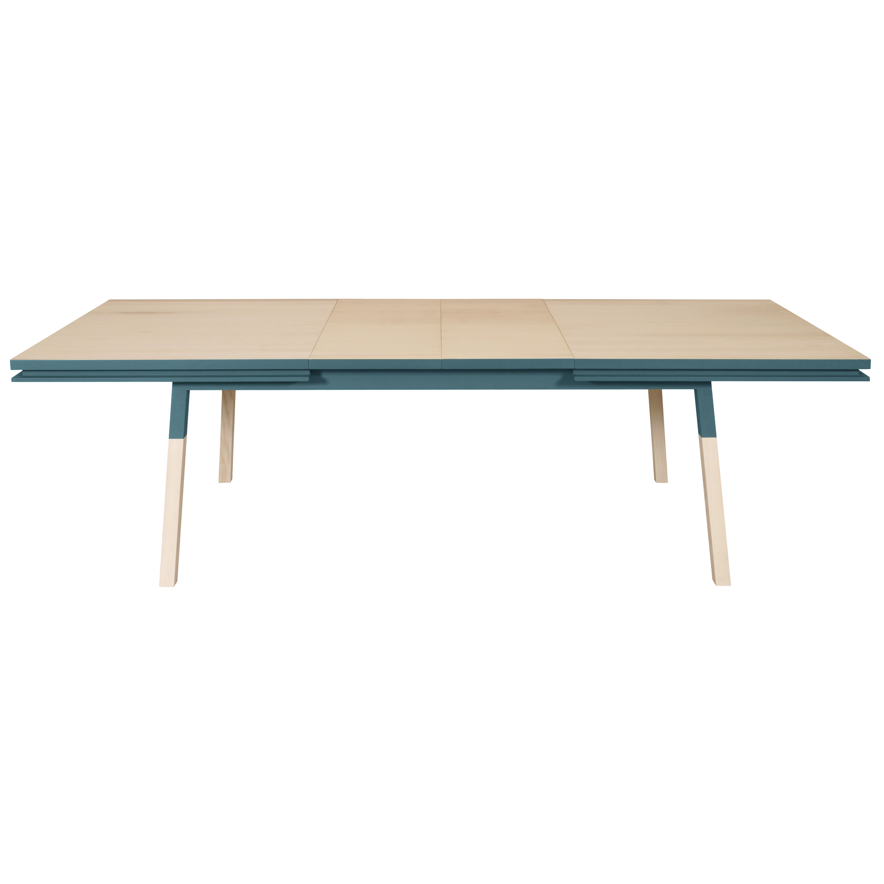 Table 180x100 cm en frêne massif, 2 rallonges bleu frehel