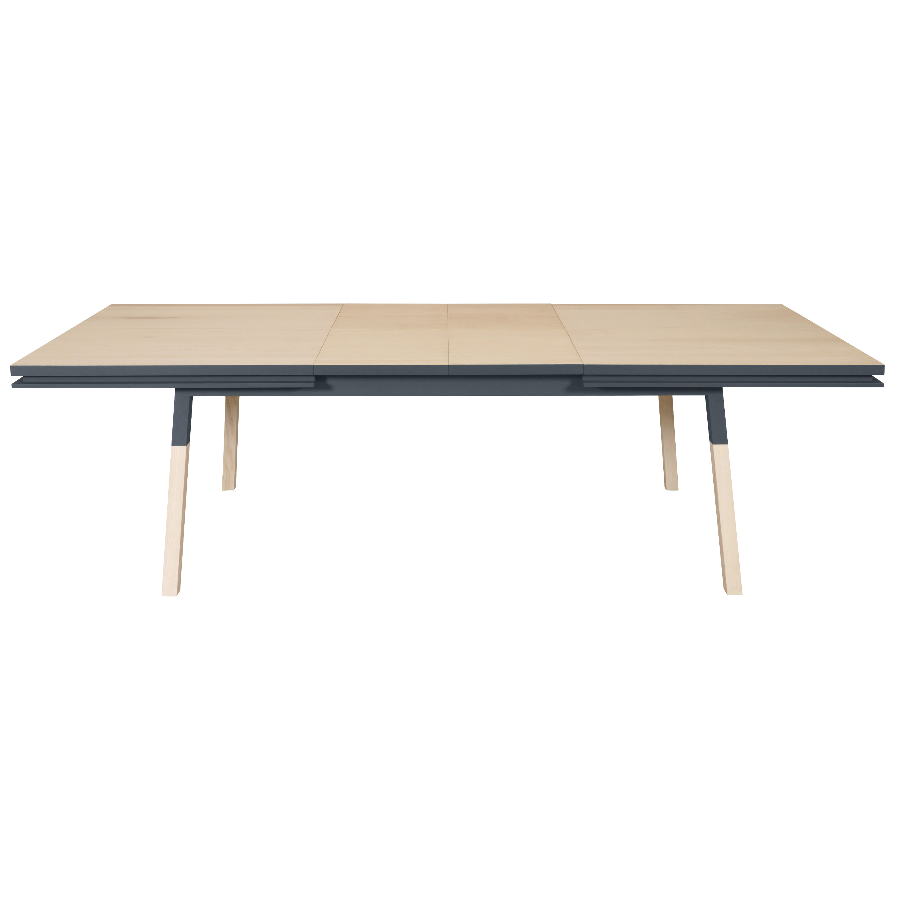 Table 220×120 cm en frêne massif, 2 rallonges bleu sombre de rance