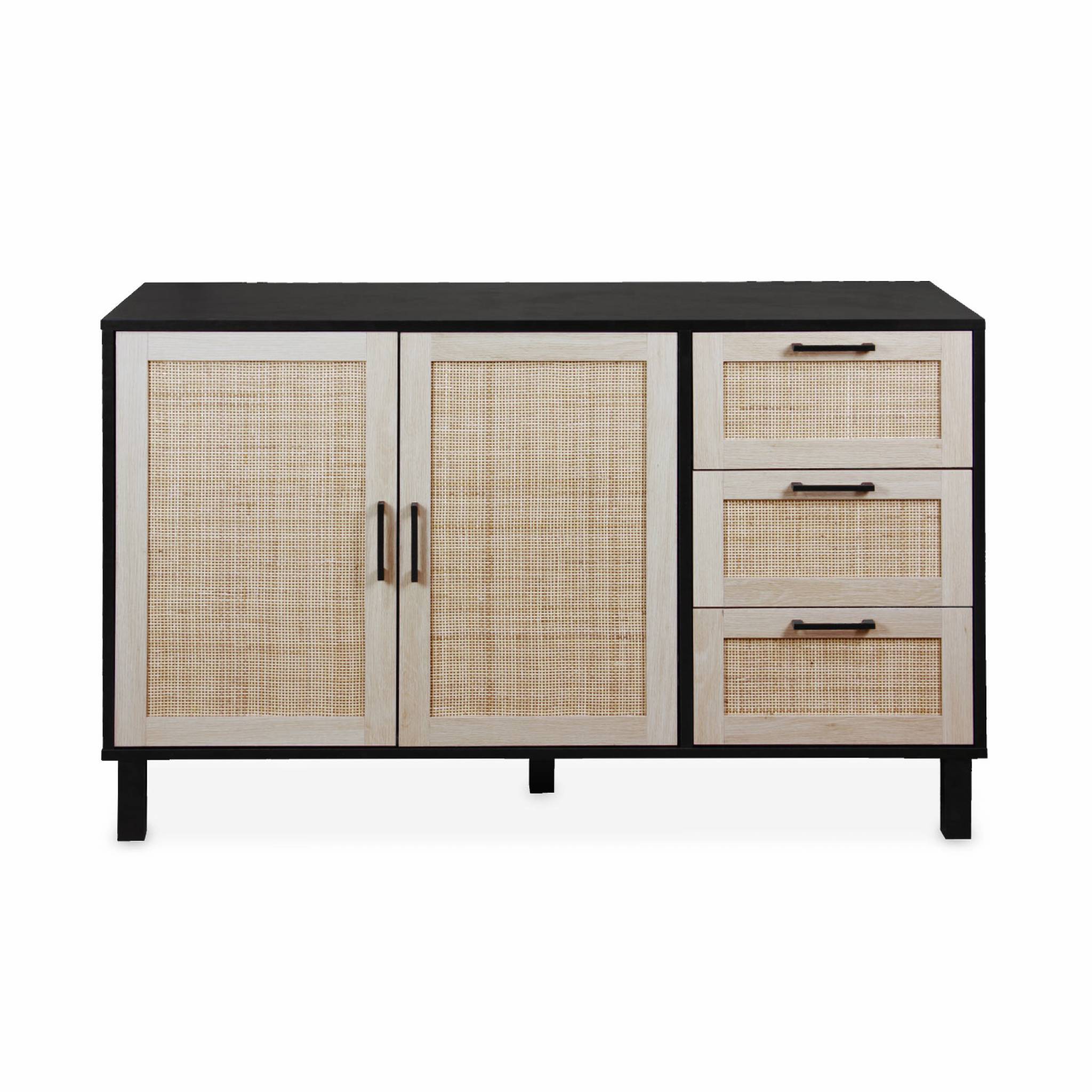 Buffet noir et cannage 120 x 40 x 75cm – 3 tiroirs, 2 portes
