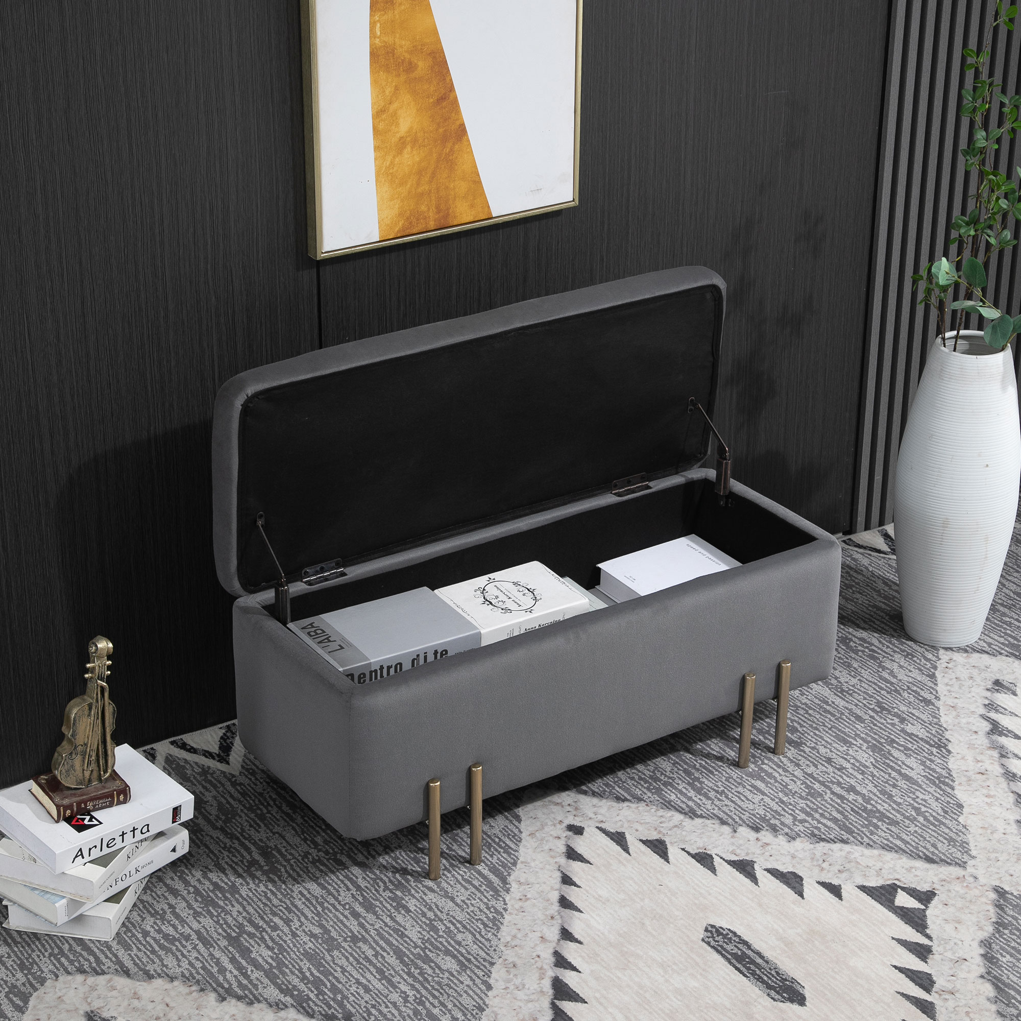 Banquette coffre de rangement velours gris foncé piètement métal doré - Vue supplémentaire 2