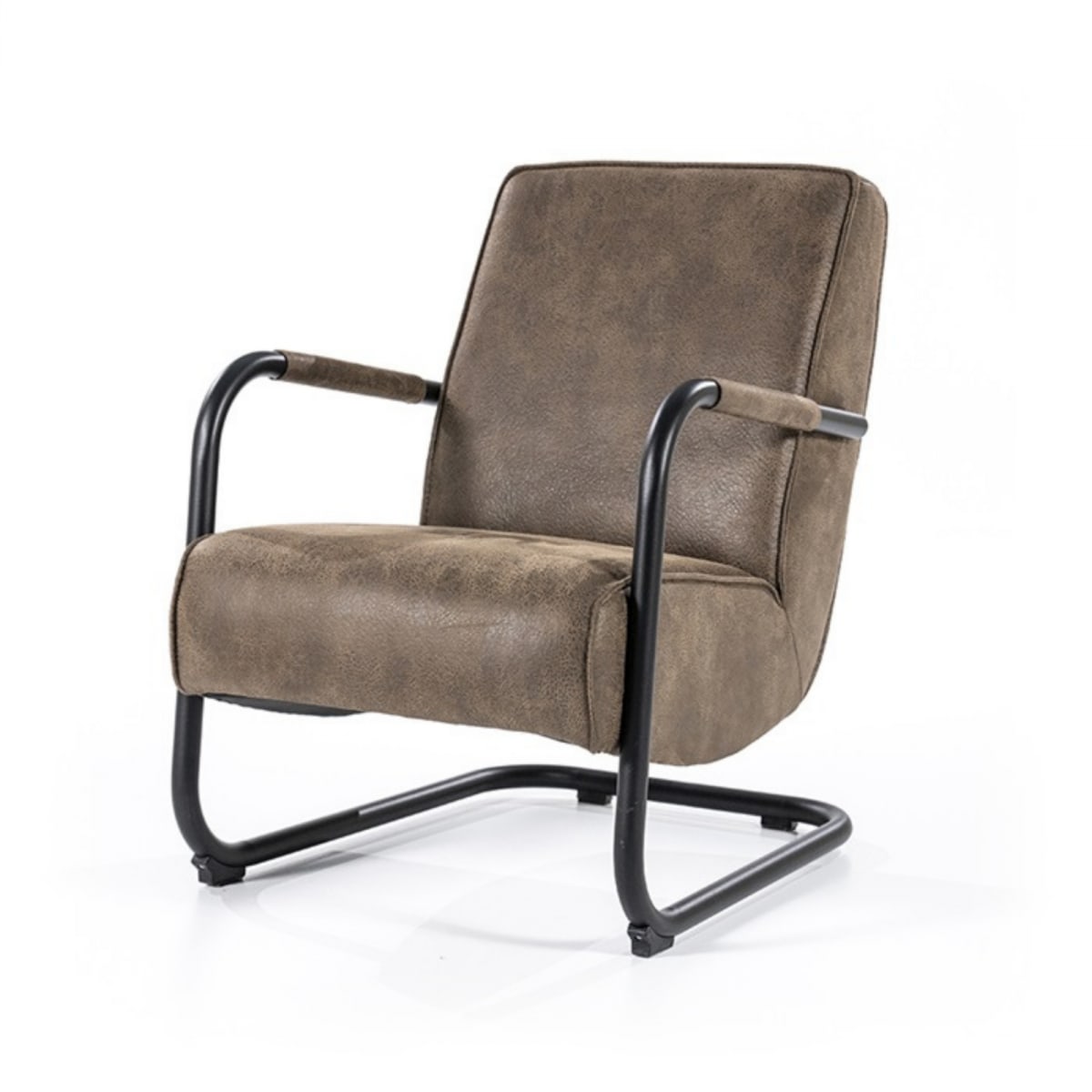 Fauteuil vintage accoudoirs métal en simili marron Fauteuil vintage accoudoirs métal en simili marron