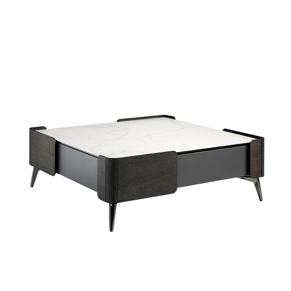 Table basse en placage Wengué et marbre blanc porcelaine Table basse en placage Wengué et marbre blanc porcelaine