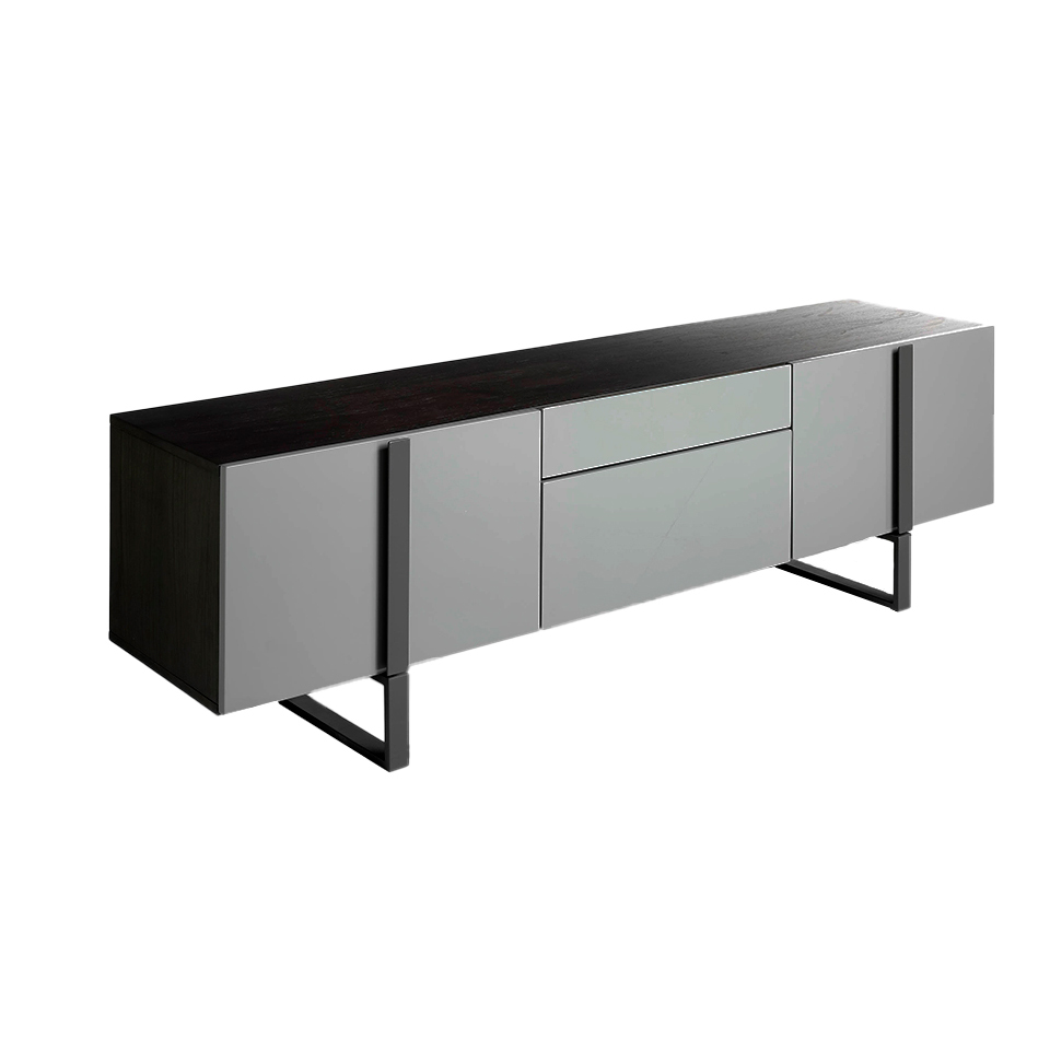 Meuble TV wengué et MDF brillant RAL7037 et acier gris Meuble TV wengué et MDF brillant RAL7037 et acier gris
