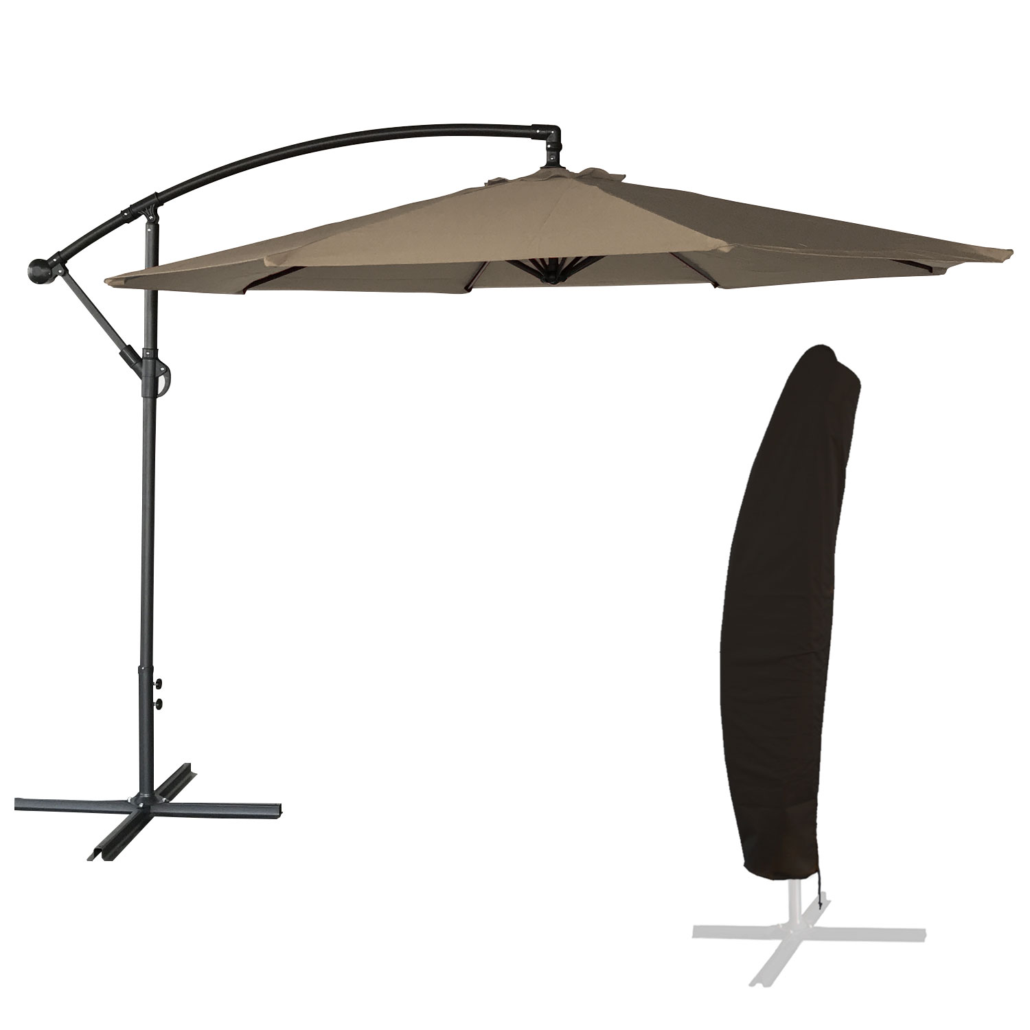 Parasol déporté rond 3,50m en acier toile taupe avec housse
