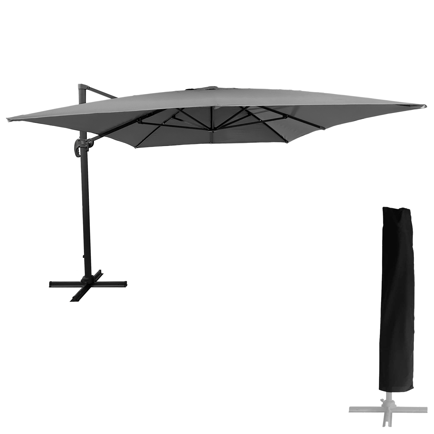 Parasol déporté rectangulaire 3x4m toile grise avec housse