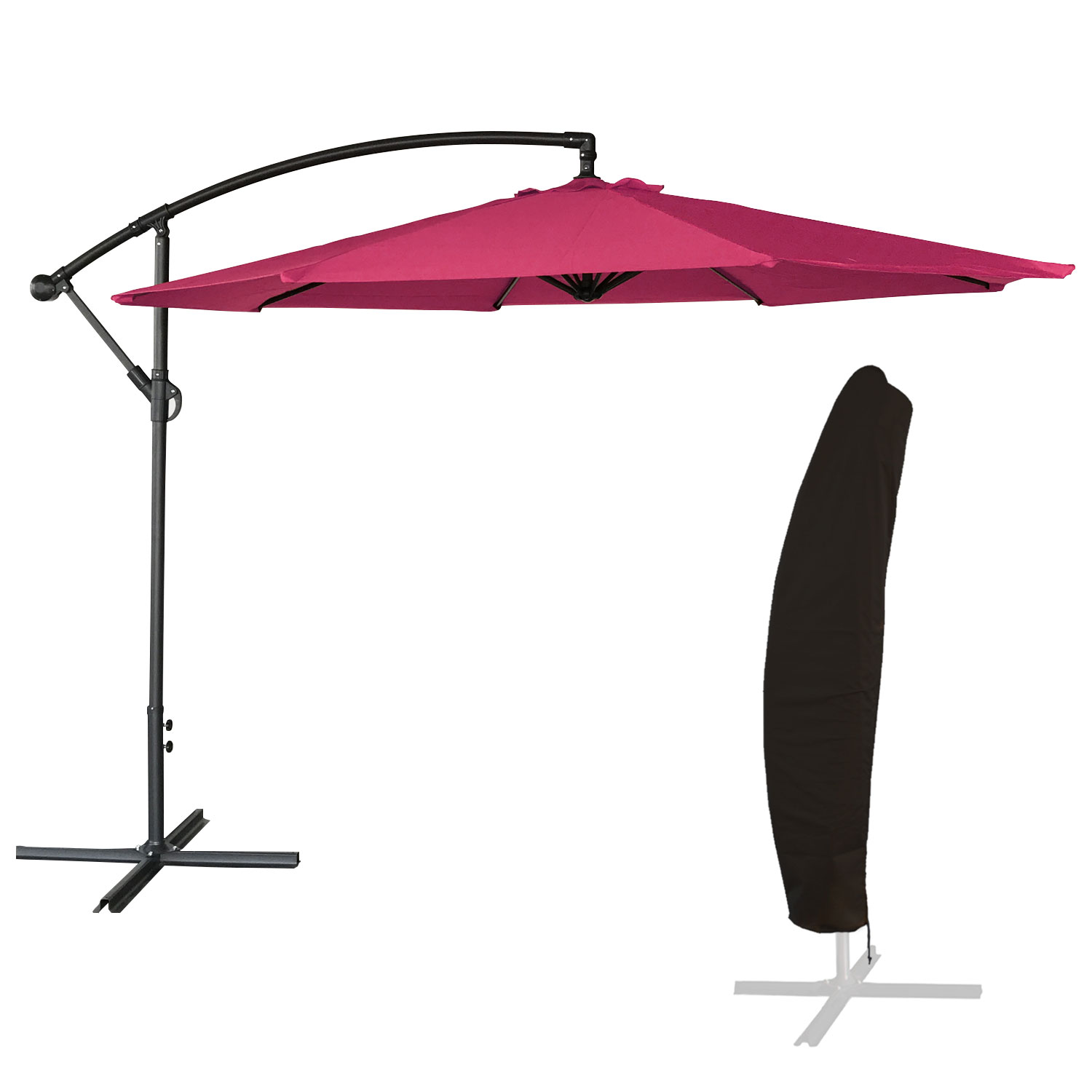 Parasol déporté rond 3m en acier toile fuchsia avec housse