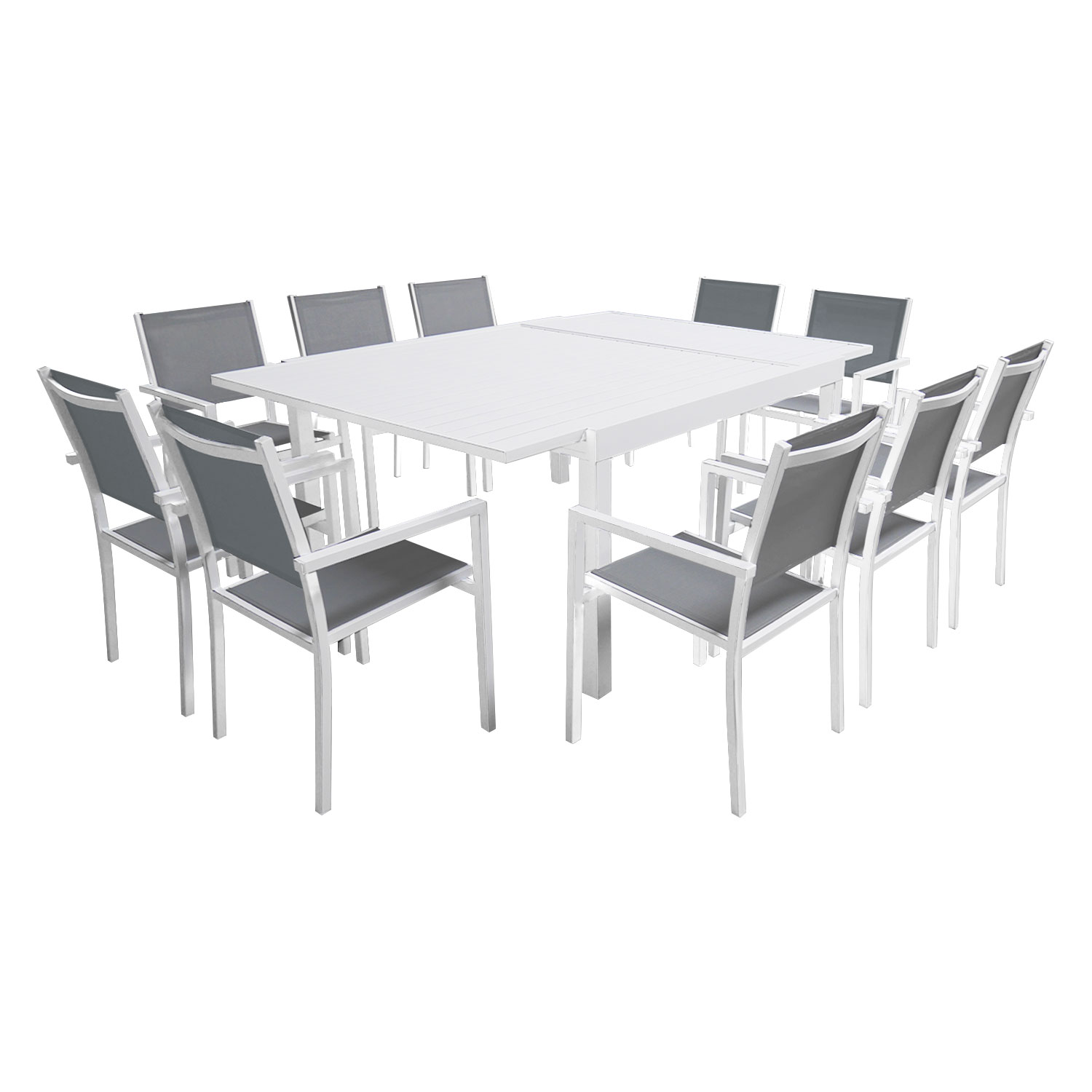 Salon de jardin table 140/200cm en aluminium blanc et gris