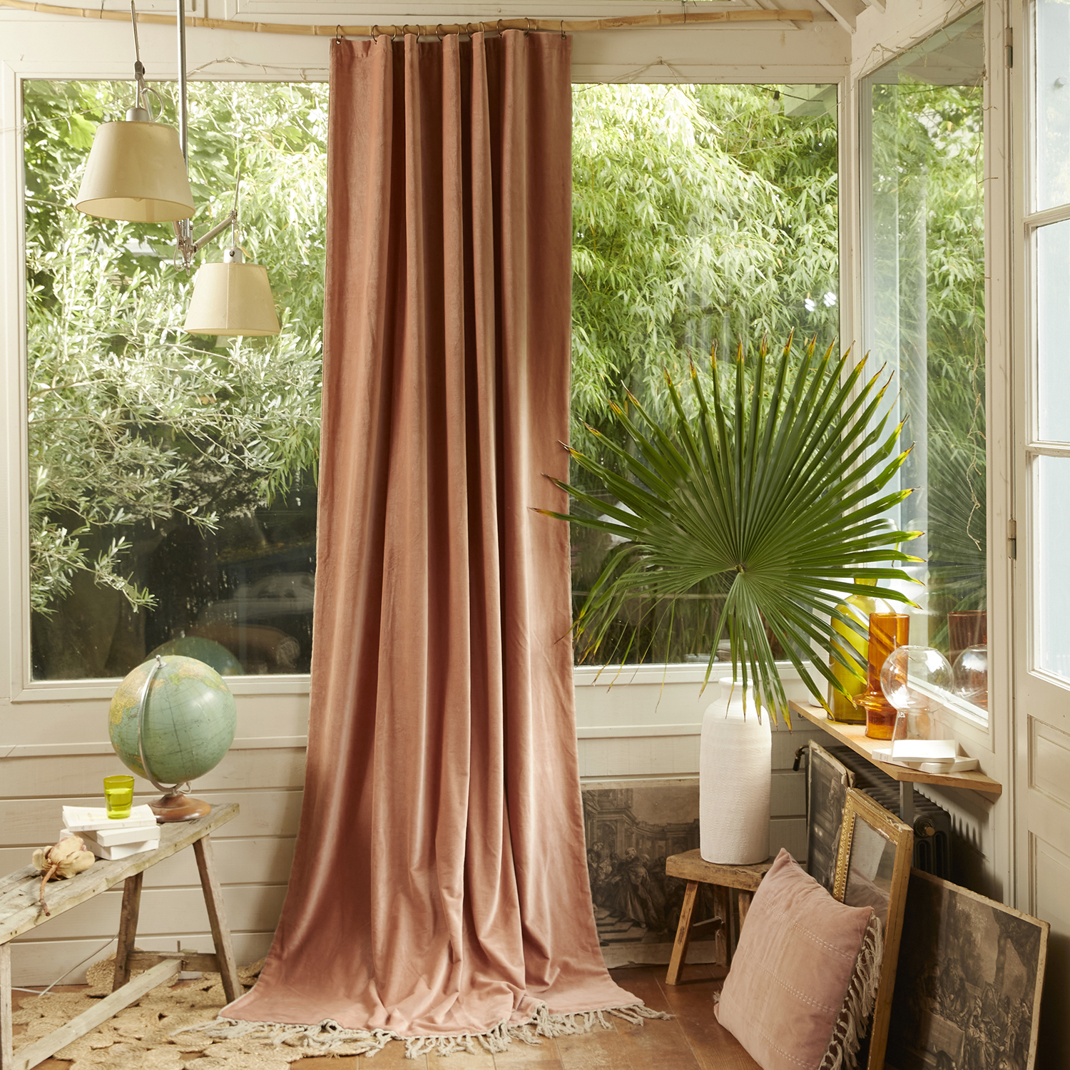 Rideau 140x300 cm en velours de coton rose poudre