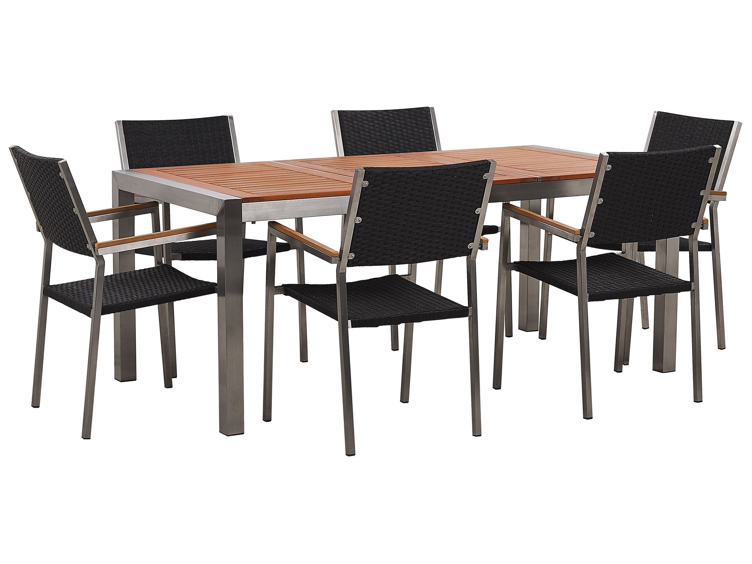 Set de jardin avec table en bois et 6 chaises en rotin noires