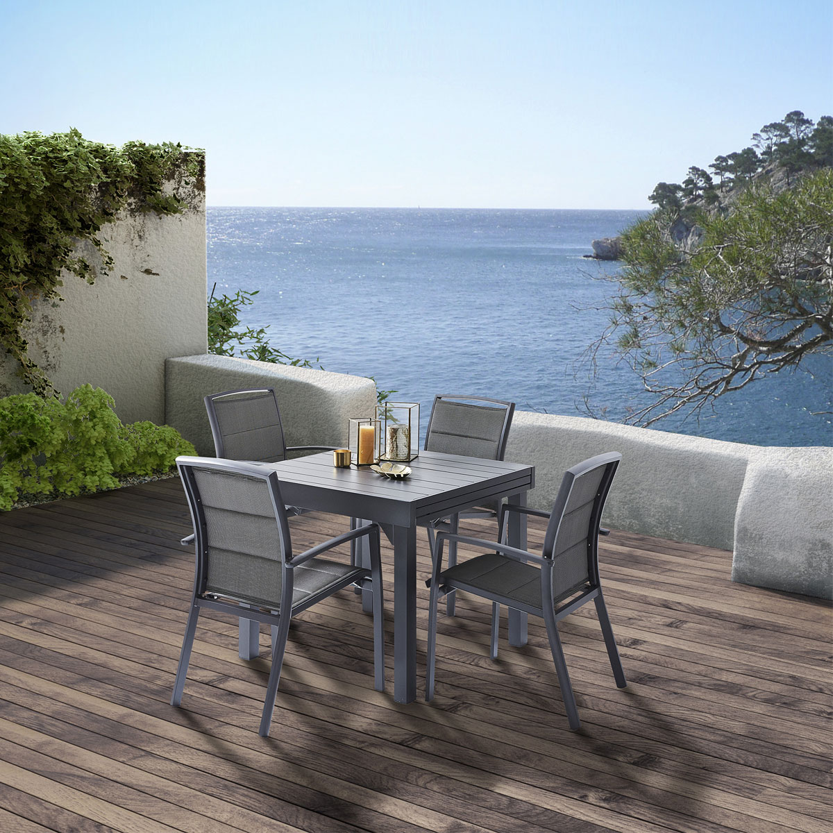 Ensemble de jardin moderne 4 personnes en aluminium gris