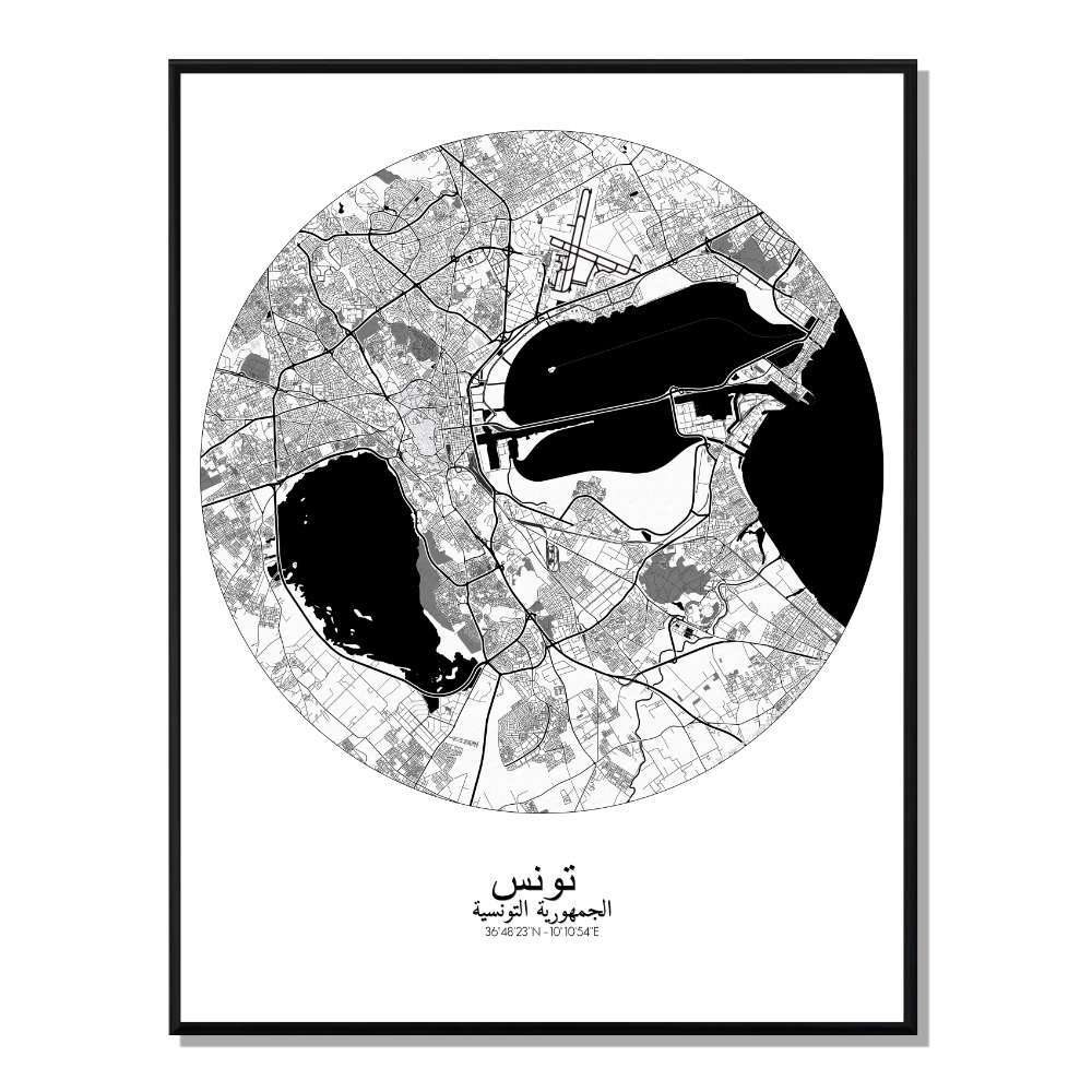 TUNIS - Carte City Map Rond 40x50cm
