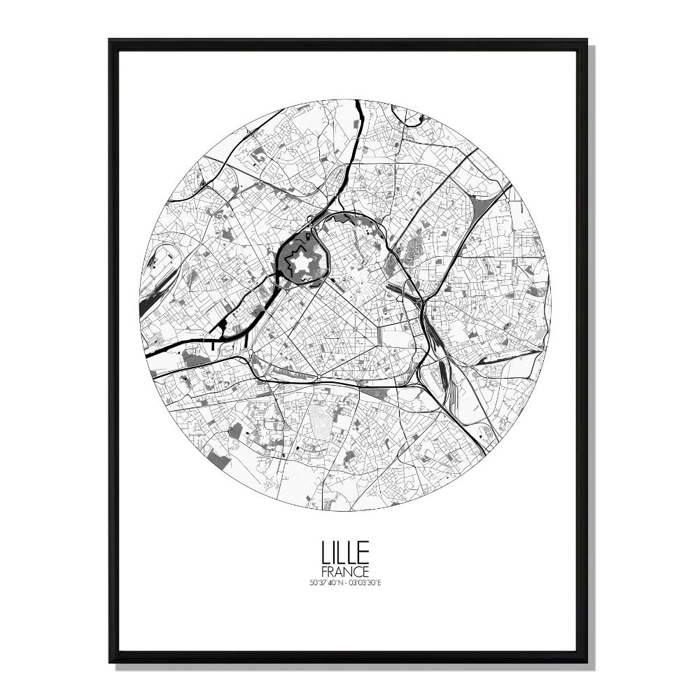 LILLE - Carte City Map Rond 40x50cm