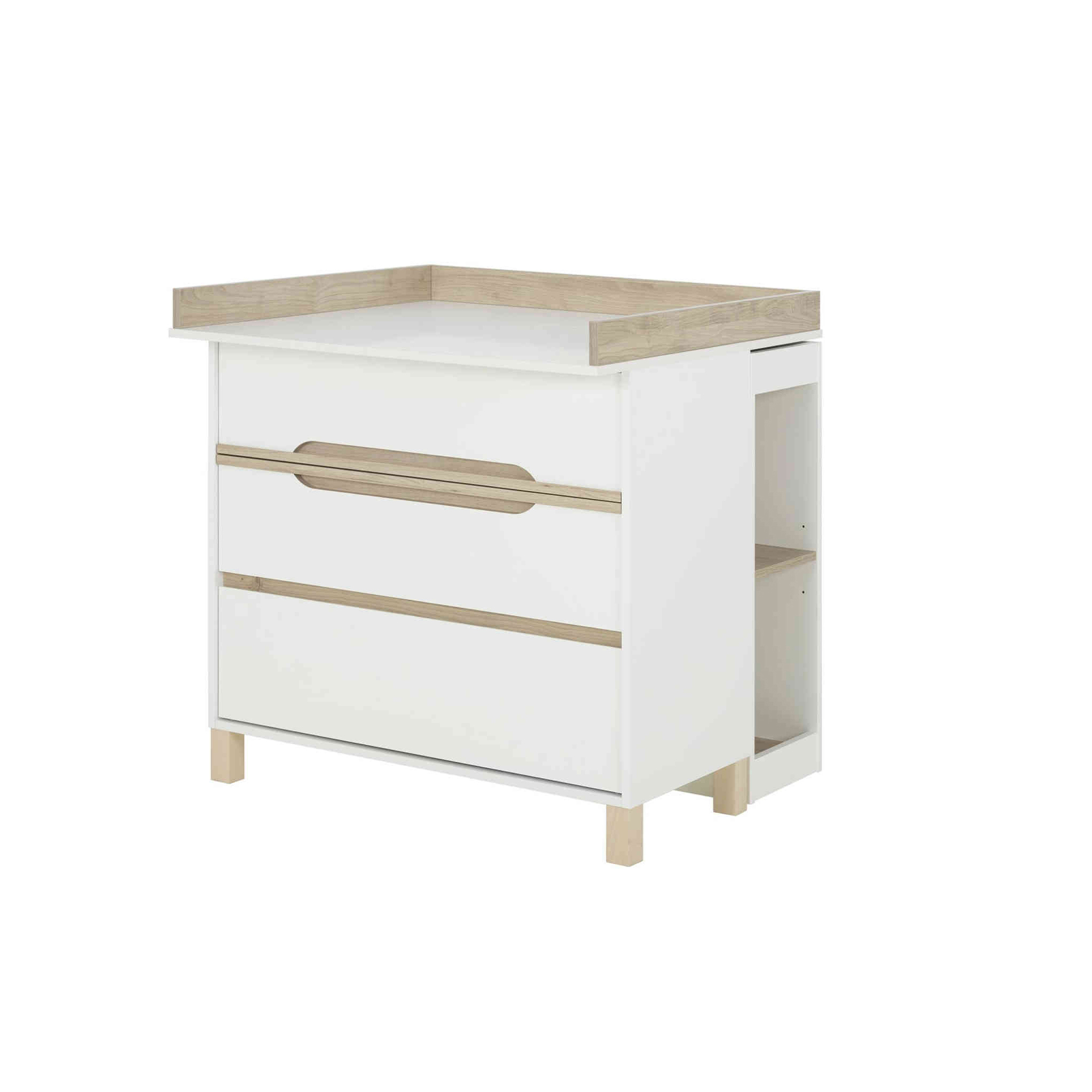 Commode 3 tiroirs avec plan à langer et bibliothèque en bois blanc