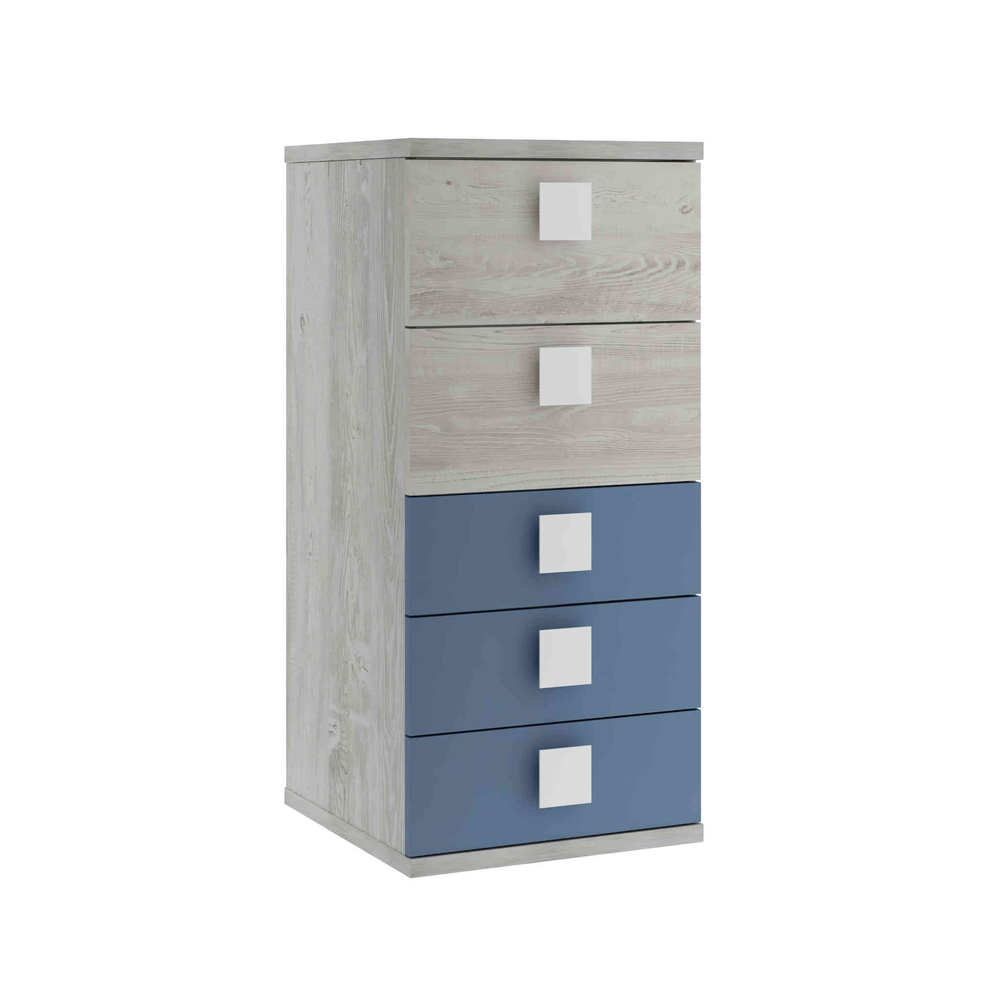 Chiffonnier 5 tiroirs en bois gris clair et bleu Chiffonnier 5 tiroirs en bois gris clair et bleu