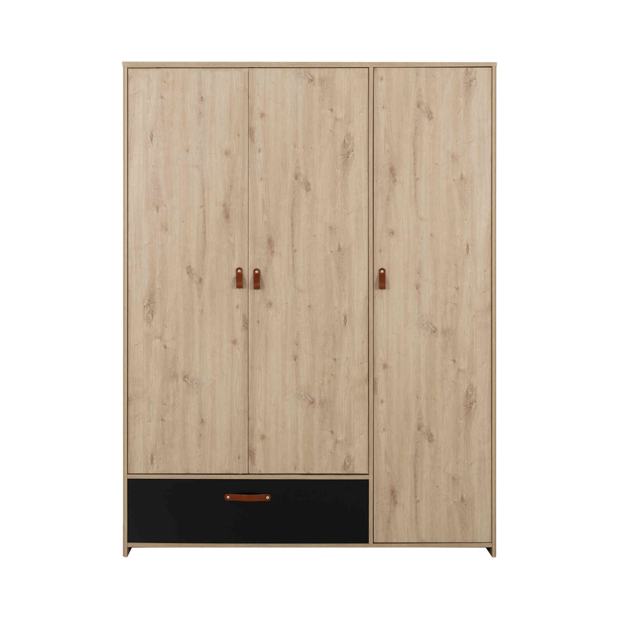 Armoire 3 portes 1 tiroir en bois imitation chêne clair et noir 200cm