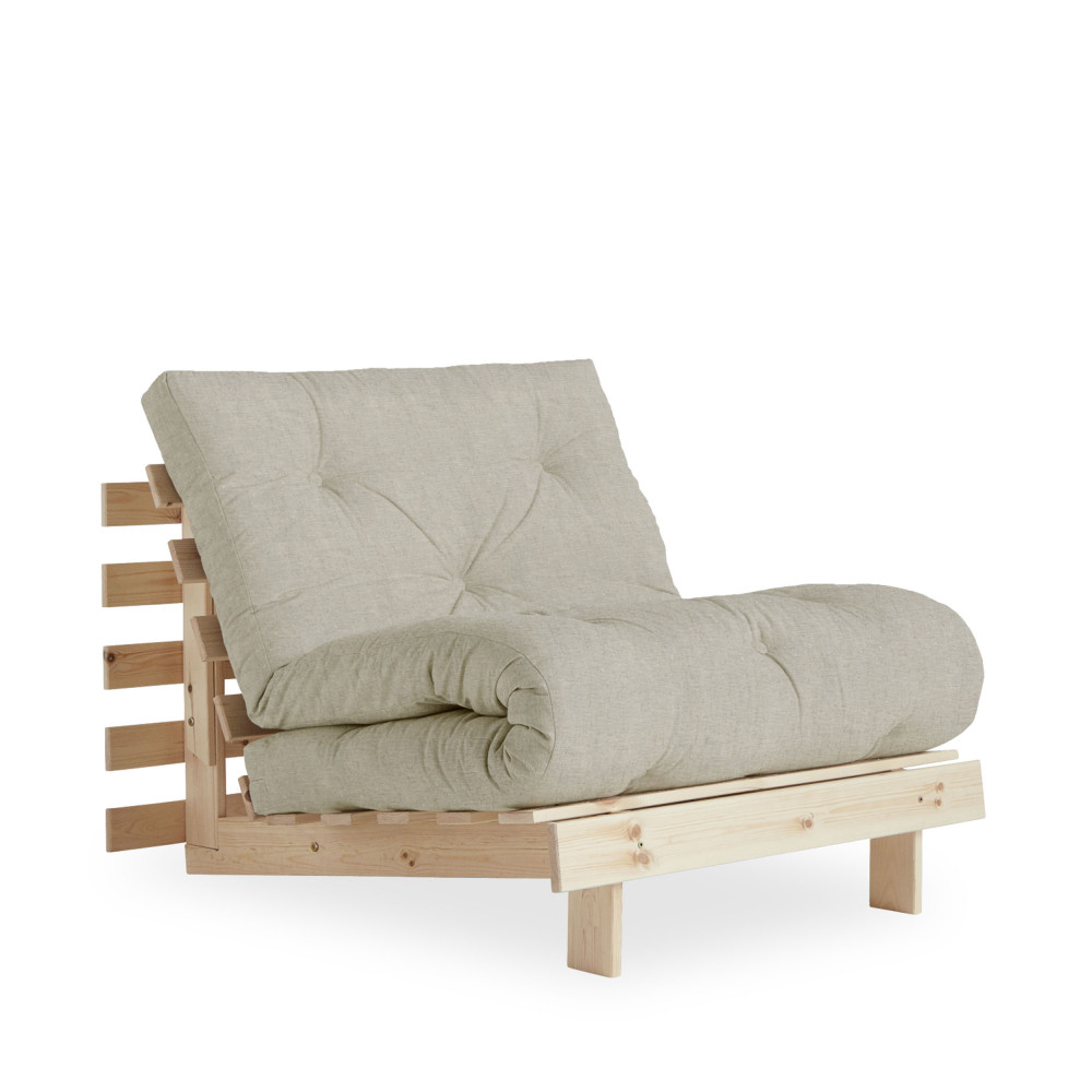 Fauteuil convertible 90x200cm en bois naturel et tissu – Lin
