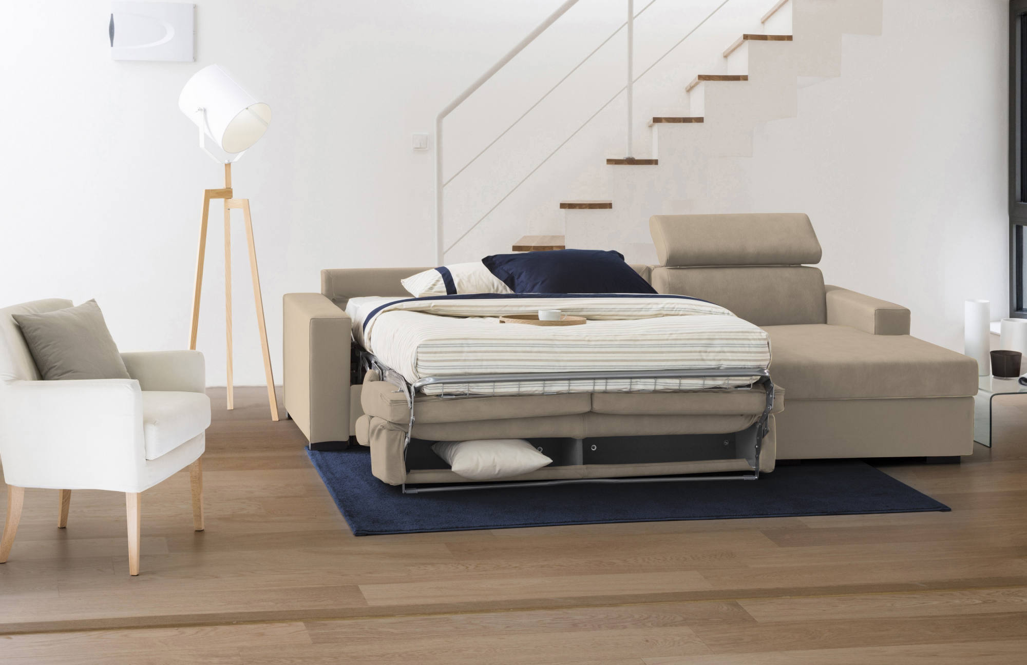 Canapé d'angle convertible en tissu beige - Vue supplémentaire 1